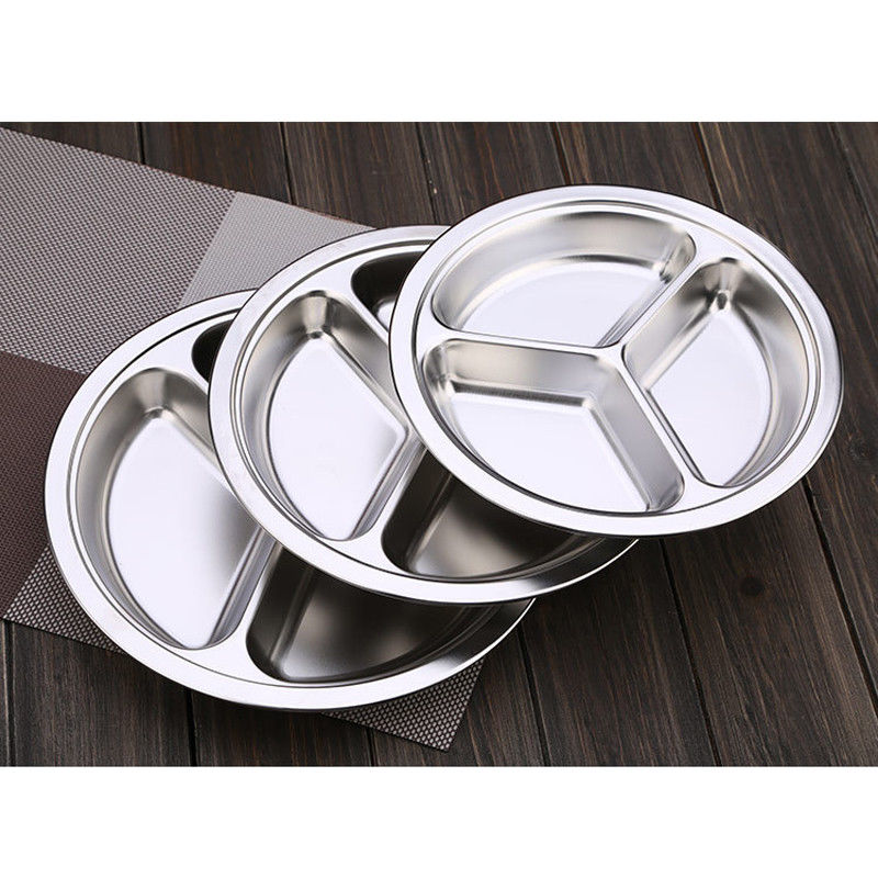 Stainless Steel 3 Sections Round Divided Dish Dia 22/24/26cm Snack Dinner Plate 26cm
