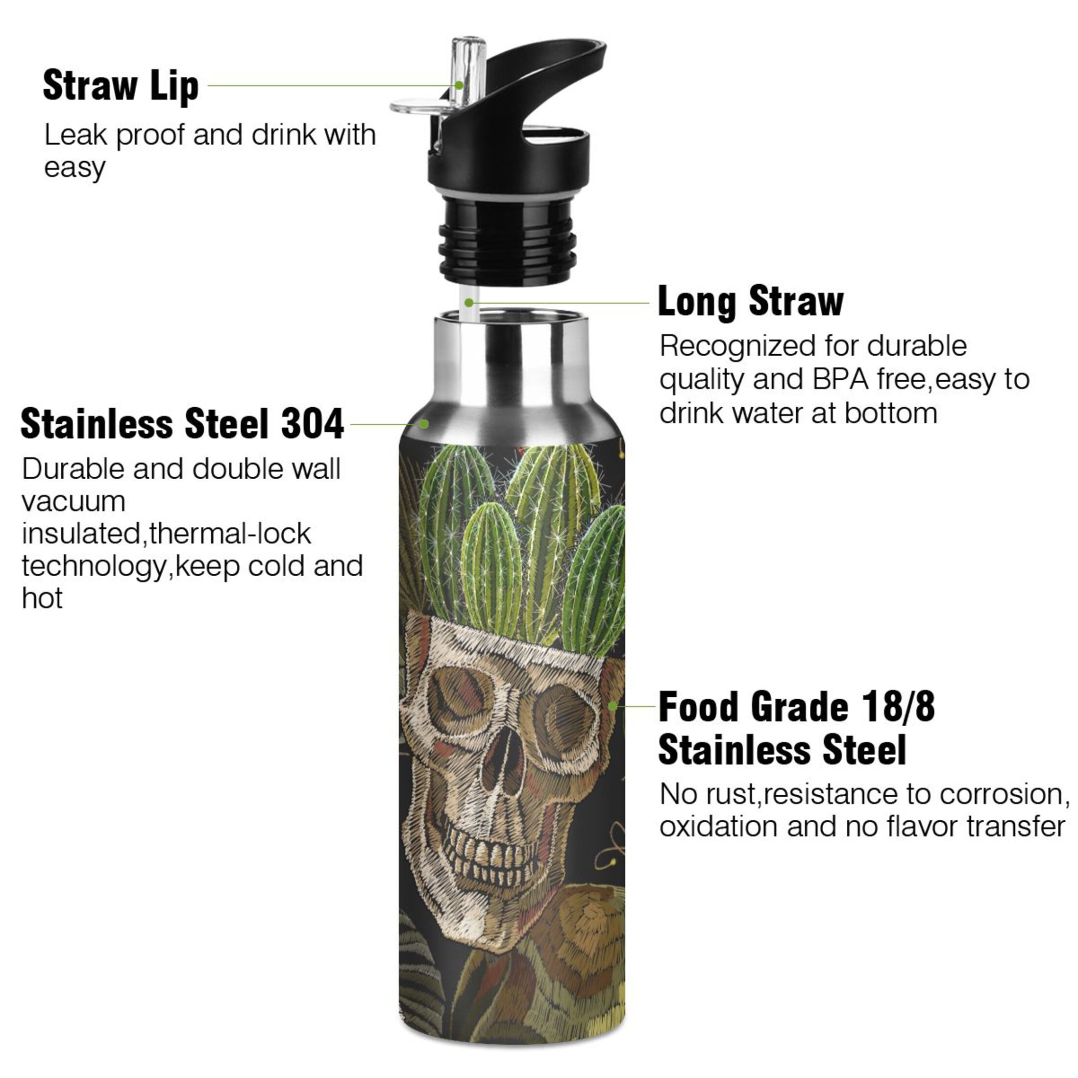 Skull with Cactus Water Bottles Insulated Thermos Kids Stainless Steel Bottle with Straw Lid Flask Leakproof for Sports Gym 20 oz