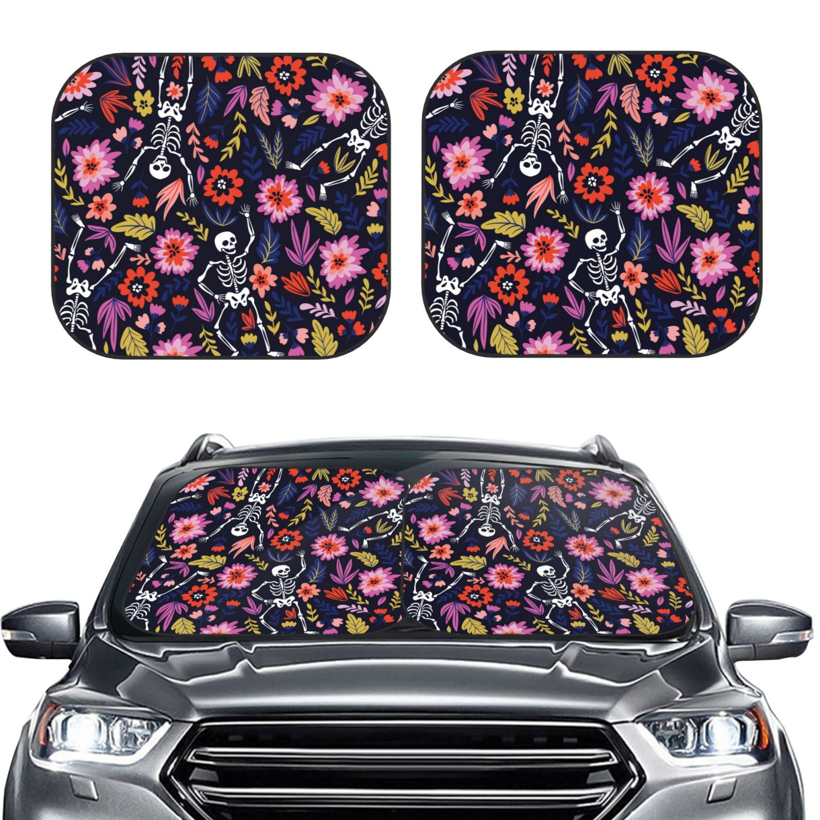 Lukts Dancing Skeletons Floral Garden Print 2 Piece Car Sun Shade Windshield,Foldable Car Shade Front Windshield With Keeps Your Vehicle Cool, For Most Sedans Suv And Trucks - Small