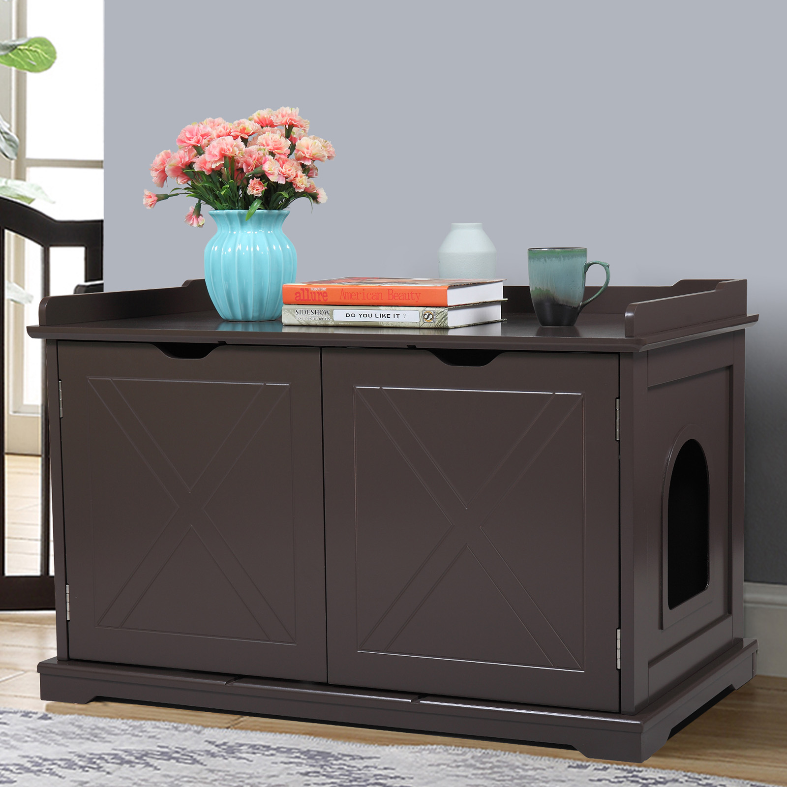 Dcenta Cat Washroom Bench, Wood Litter Box Cover with Spacious Inner, Ventilated Holes, Removable Partition, Easy Access,Chocolate Brown