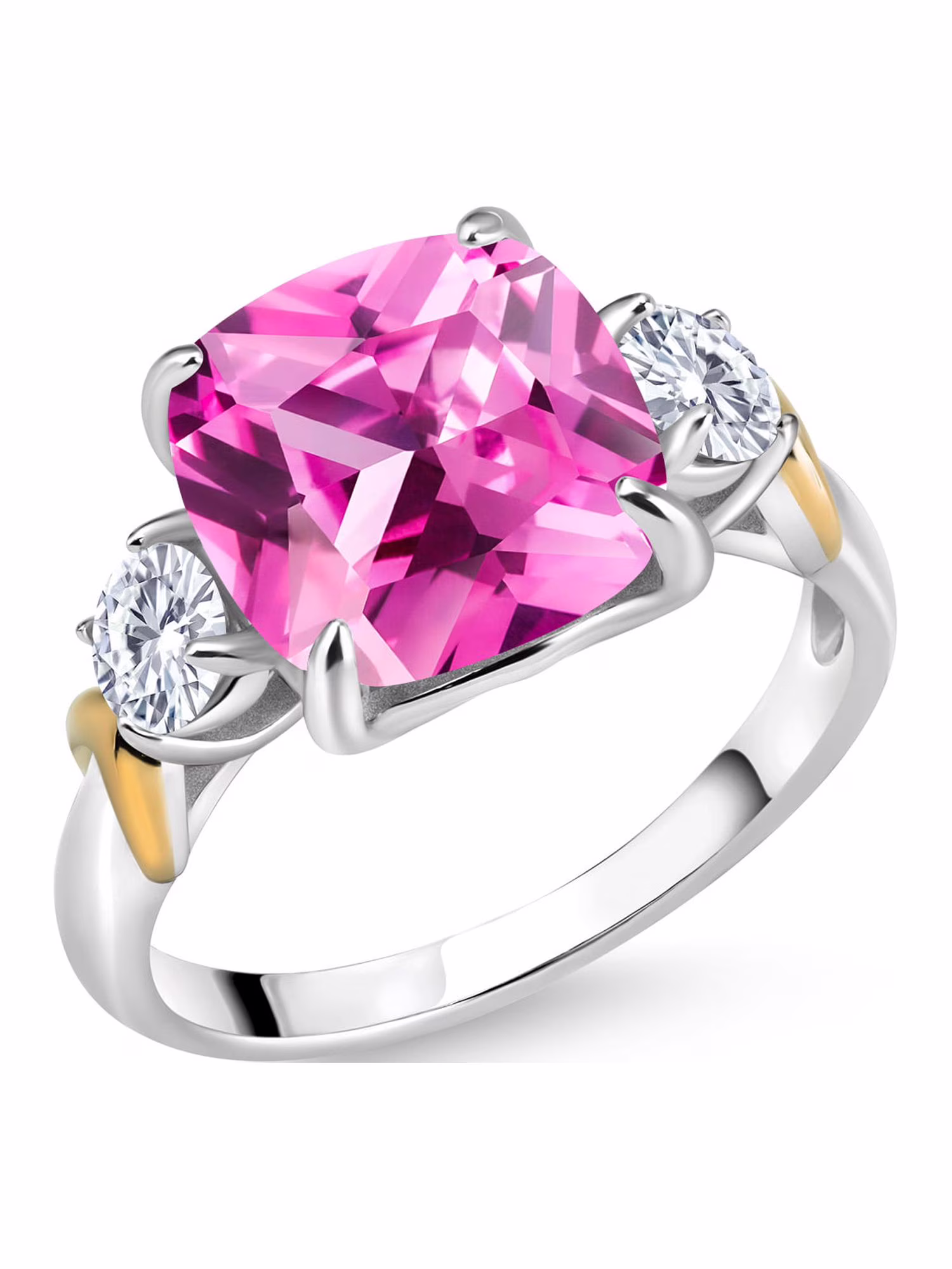 925 Silver and 10K Yellow Gold Created Sapphire and Moissanite from Charles & Colvard 3 Stone Ring For Women (5.26 Cttw, Gemstone Birthstone, Cushion 10MM, Round 4MM, Available In Size 5, 6, 7, 8, 9)