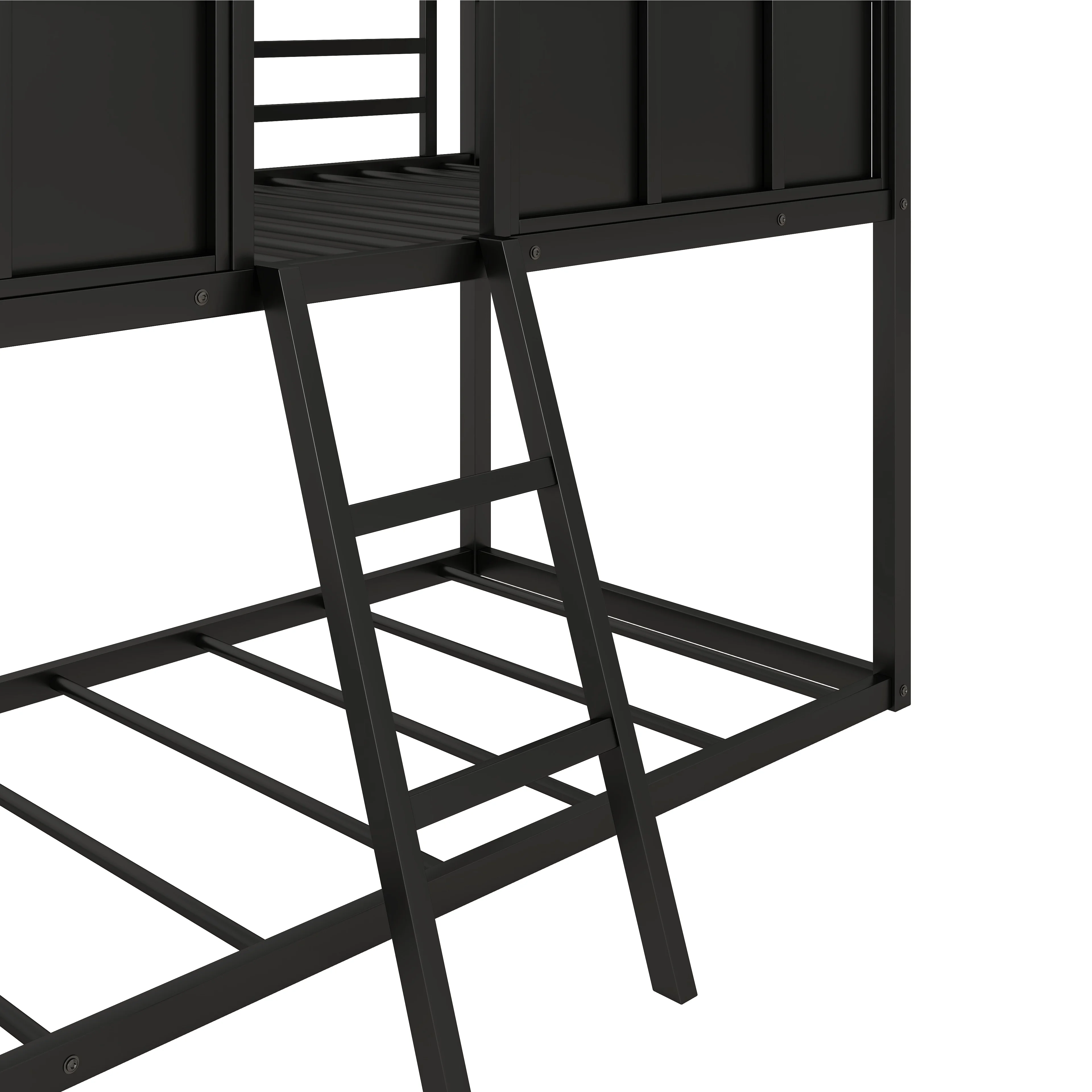 Twin over Twin House Bunk Bed with Windows, Metal Bunk Bed Frame with Roof and Fence-shaped Guardrail, Bunk Bed Frame with Guardrails (Black)