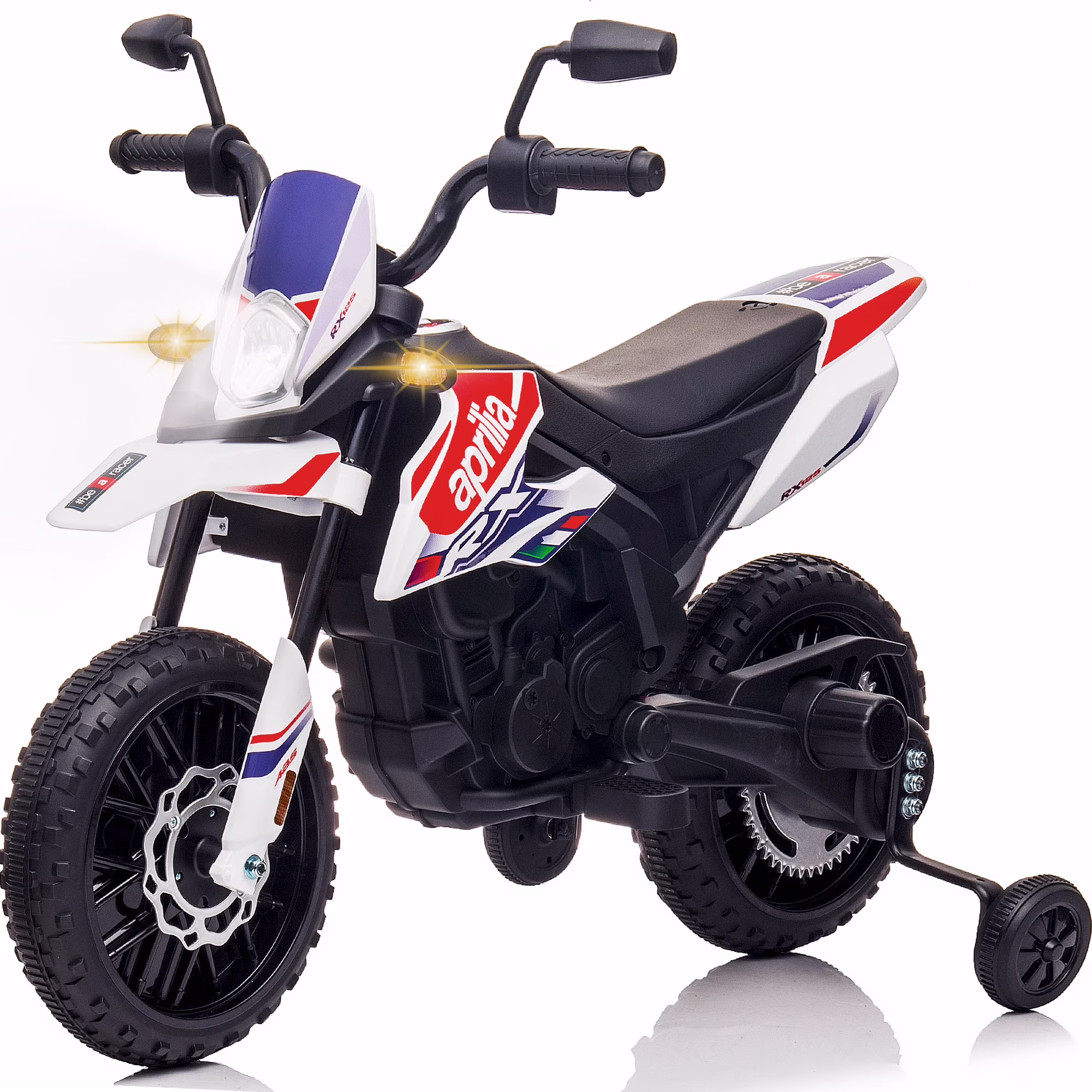 12V Electric Dirt Bike Motorcycle for Kids, Licensed Aprilia Powered Ride on Toys Car with 2 Training Wheels, LED Light, MP3 Player, Age for 3-6 Years Old Boys Girls