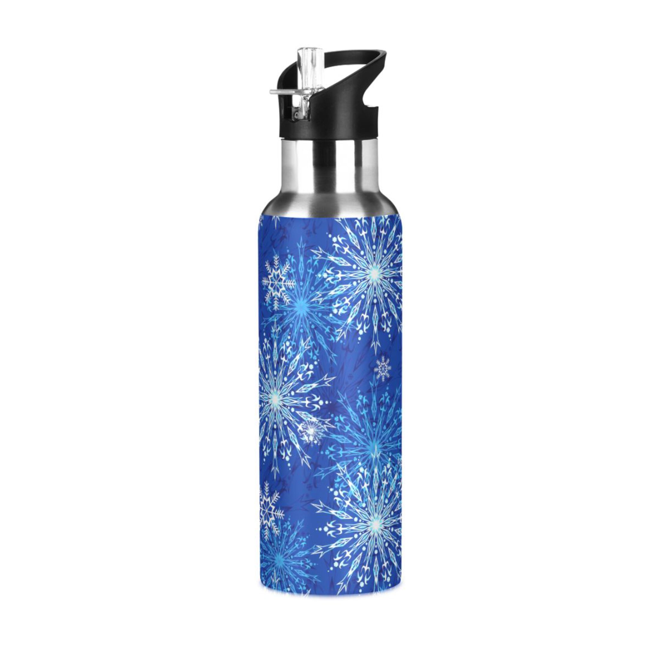 Water Bottle with Straw Lid Leak Beautiful Snowflakes on Blue Stainless Steel Insulated Thermos Vacuum Flask for Cold Hot Drinking for Sports Camping Gym Yoga
