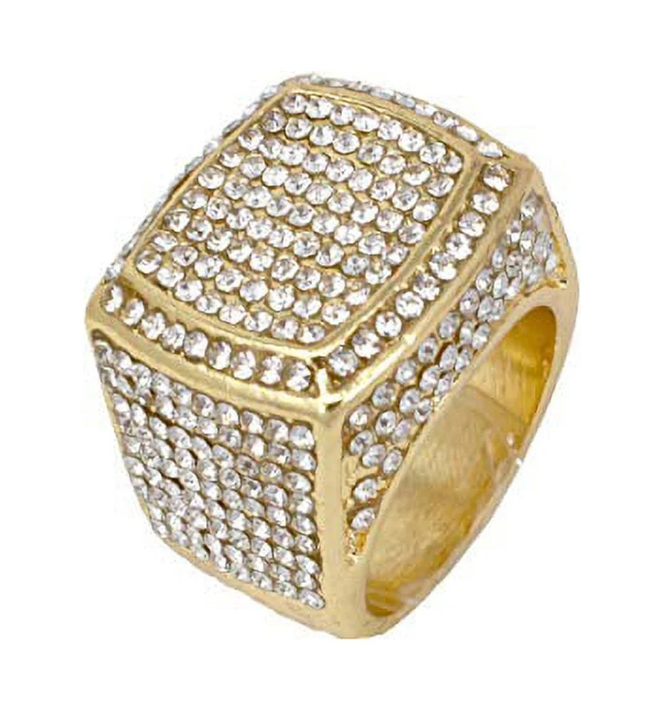 Bling-ed Out Oblong Case Mens PP Look Watch with Blood Red Dial, Matching Bling-ed Out Cuban Bracelet and King Ring Set - 8475 CR Cuban Set (9, Red - Gold)