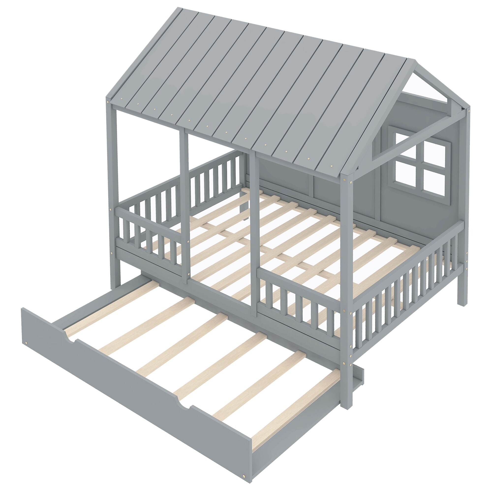 Wooden House Daybed with Twin Trundle, Roof & Windows Design Grey - Full