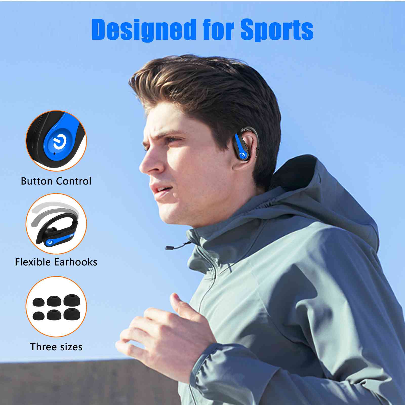 UrbanX over the ear headphones wireless Bluetooth with Earhooks Built-in Mic, 200H Playtime, Immersive Sound, Quick-Pair, Secure Fit, IPX7 Waterproof, Compatible With Lenovo Legion Duel - Blue