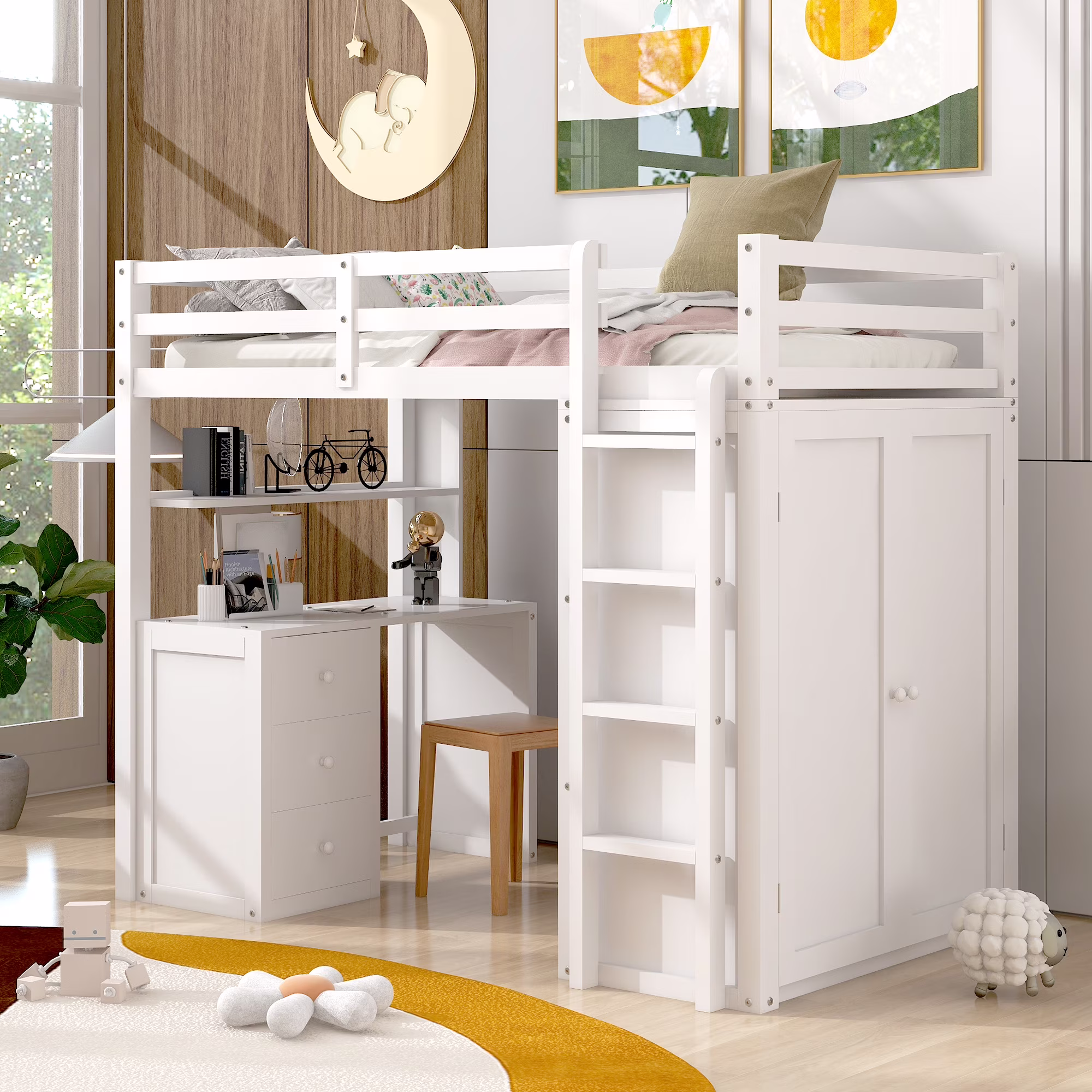 Twin Size Loft Bed with Desk, Drawers and Wardrobe Storage, White