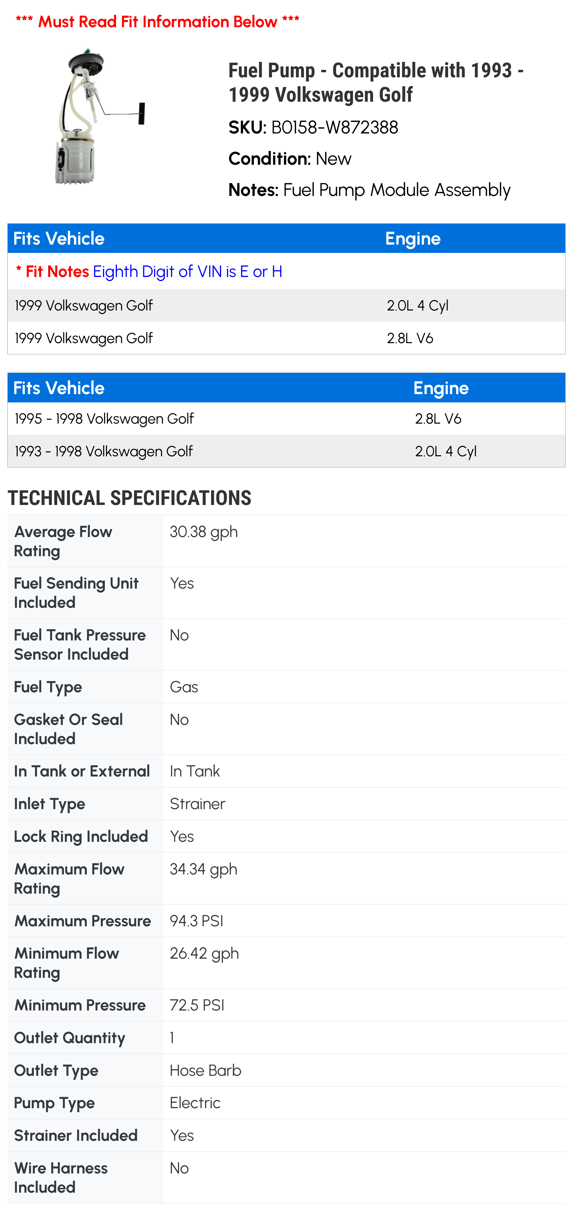 Fuel Pump - Compatible with 1993 - 1999 Volkswagen Golf 1994 1995 1996 1997 1998