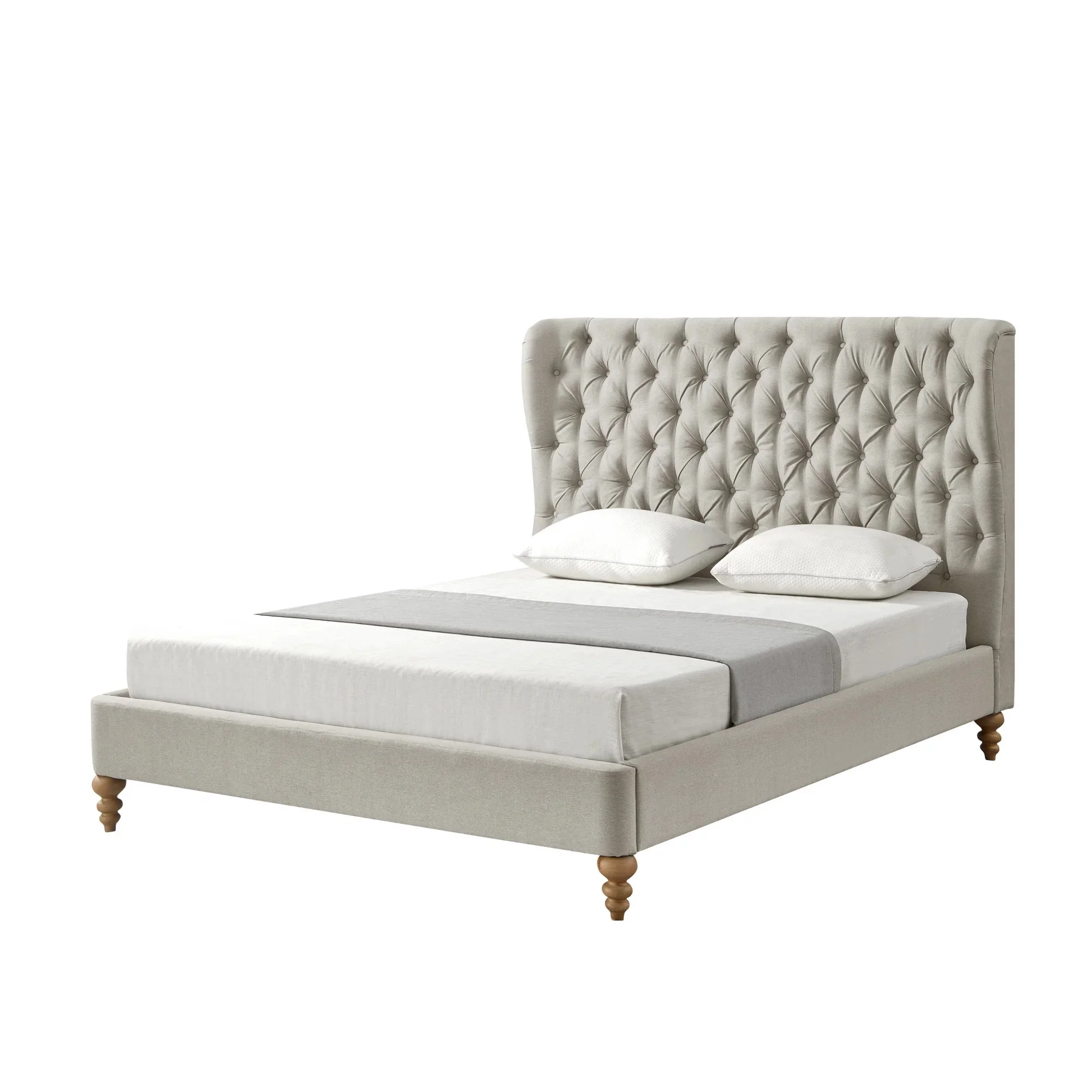Cream Solid Wood Twin Tufted Upholstered Linen Bed