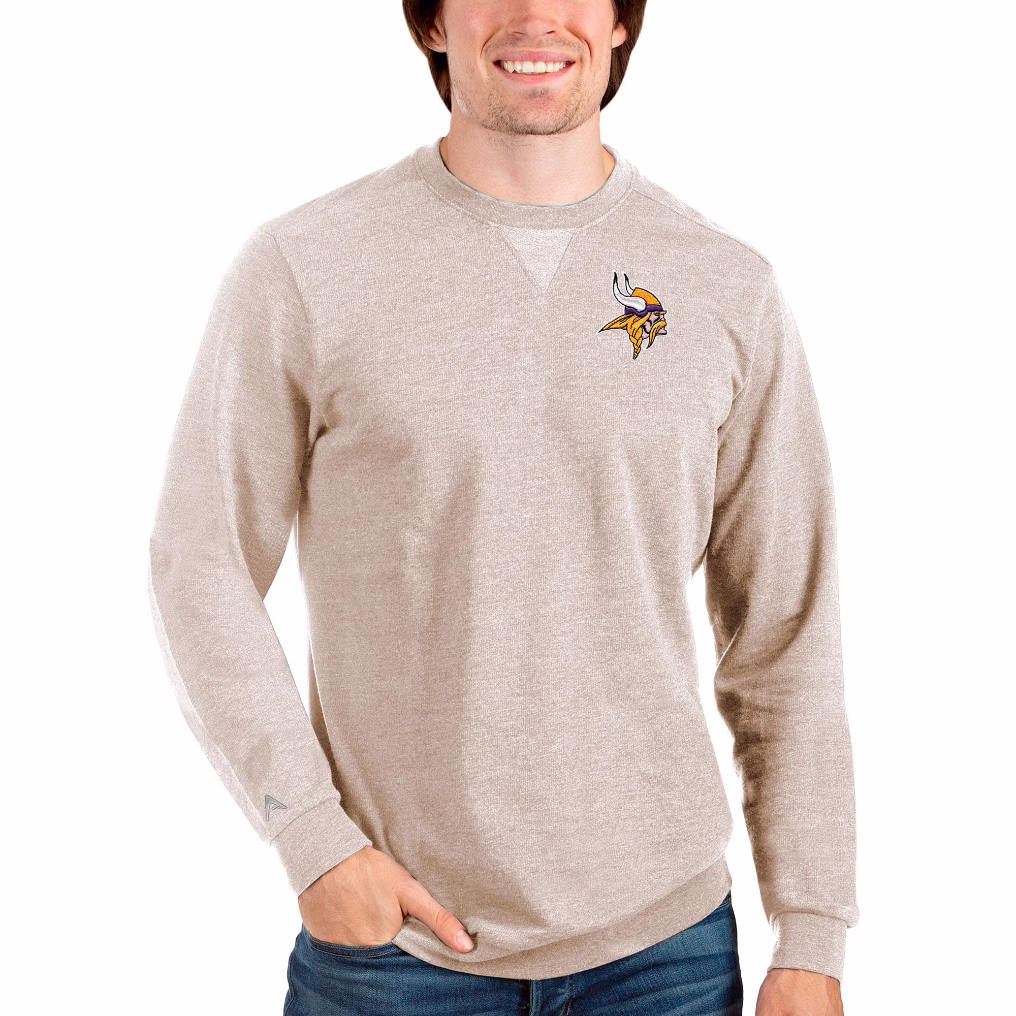 Men's Antigua Oatmeal Minnesota Vikings Reward Crewneck Pullover Sweatshirt