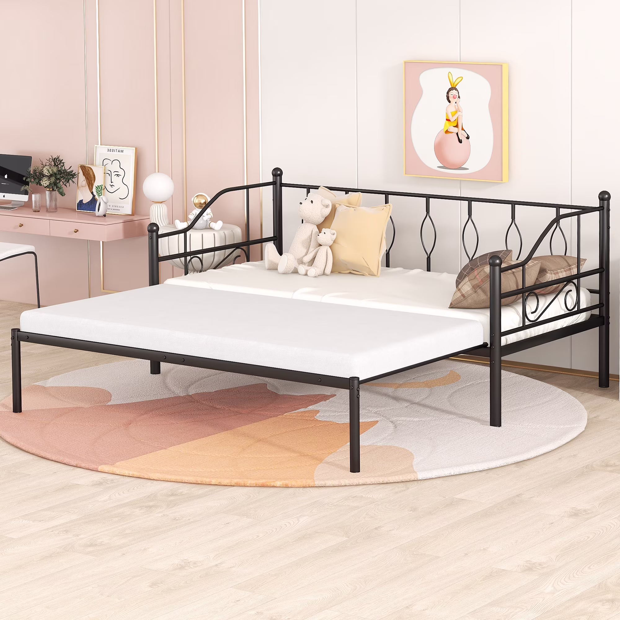 Twin Size Metal Frame Daybed with Trundle, Heavy Duty Steel Slat Support Saving Space Bed Sofa, Bedroom Living Room Furniture for Kids Boys Girls Teens Adults Guests, No Spring Box Needed, Black
