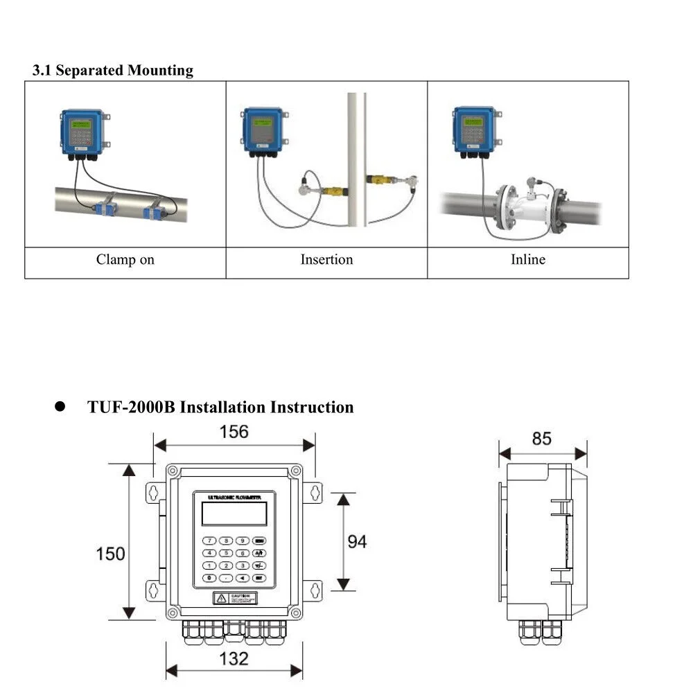 Fichiouy Water Flow Meter Ultrasonic Flowmeter TUF-2000B with TM-1 Transducers DN50-700mm
