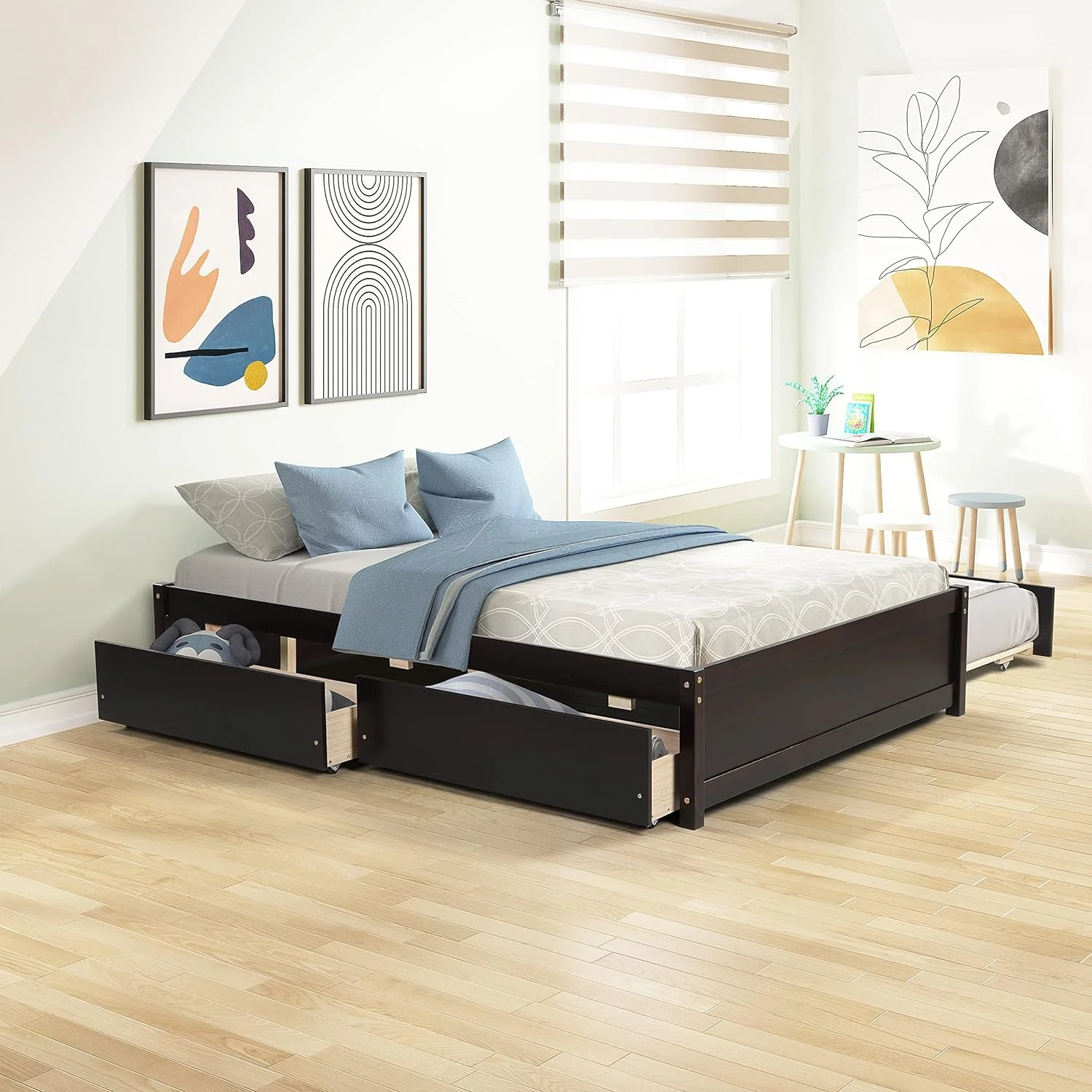 Storage Platform Bed, Full Size Wooden Platform Bed With Size Trundle And Two Storage Drawers, Espresso