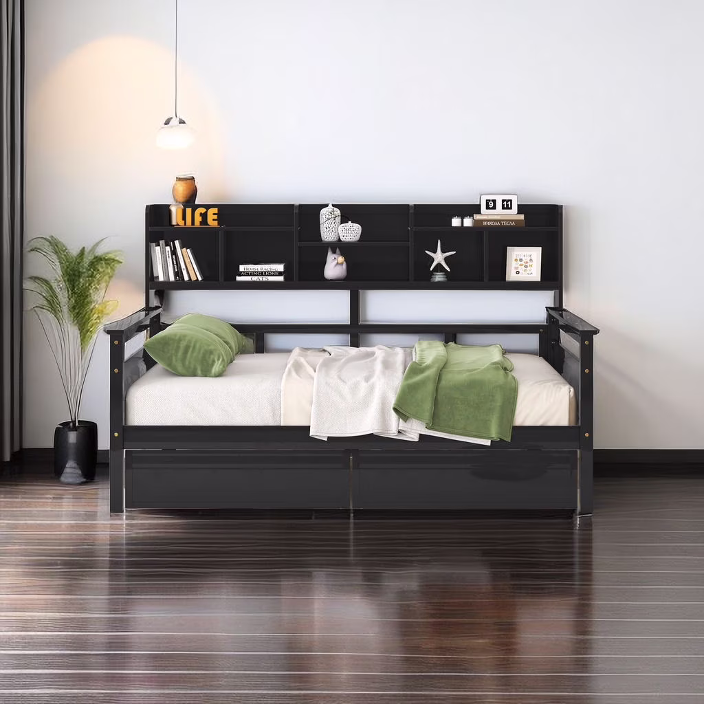 Full Size Bed Frame, Full Size Bed Frame with Storage, Full Size Daybed with Bedside Shelves and 2 Drawers, Bed Frame Full w / Wood Slat Support & No Box Spring Needed & Easy Assembly