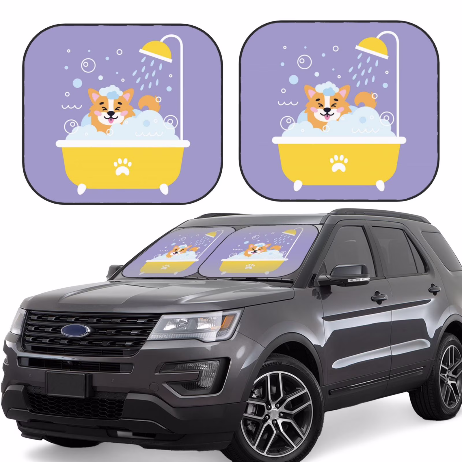 Lukts Corgi Washing In Bathtub Print 2 Piece Car Sun Shade Windshield,Foldable Car Shade Front Windshield With Keeps Your Vehicle Cool, For Most Sedans Suv And Trucks - Small
