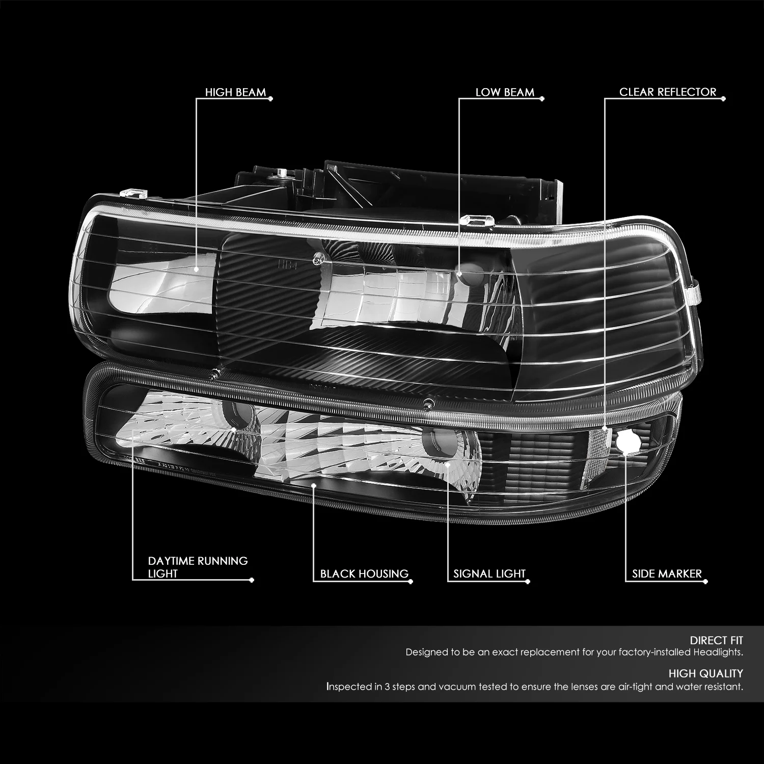 DNA Motoring HL-OH-CS99-4P-BK-CL1 For 1999 to 2006 Chevy Silverado Tahoe 4Pcs Headlight + Bumper Lamps Black Housing - GMT800 00 01 02 03 04 05 Left + Right
