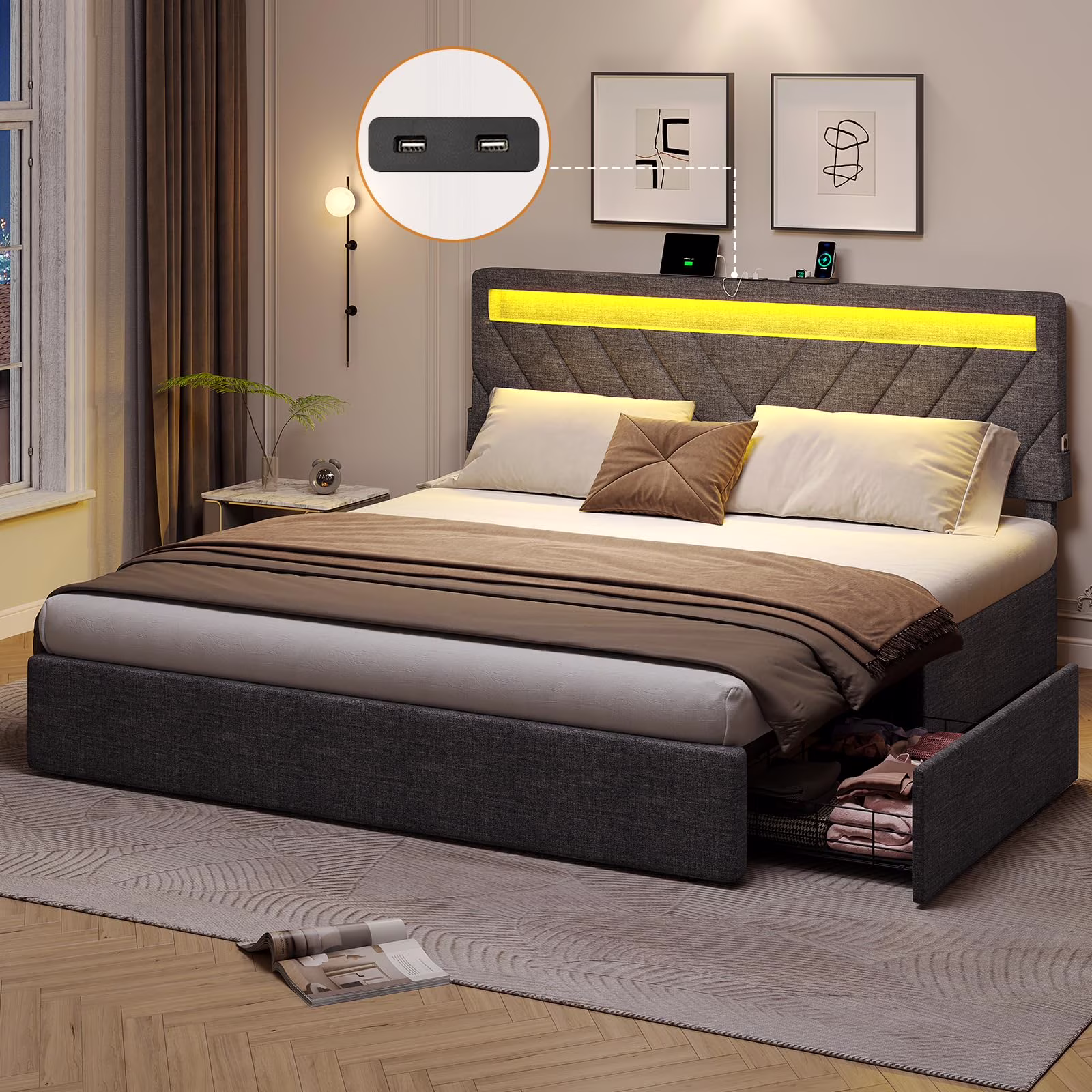 ADORNEVE King Size Upholstered Platform Bed Frame with LED Lights, Modern Bed with Drawers and Power Outlets, Dark Grey