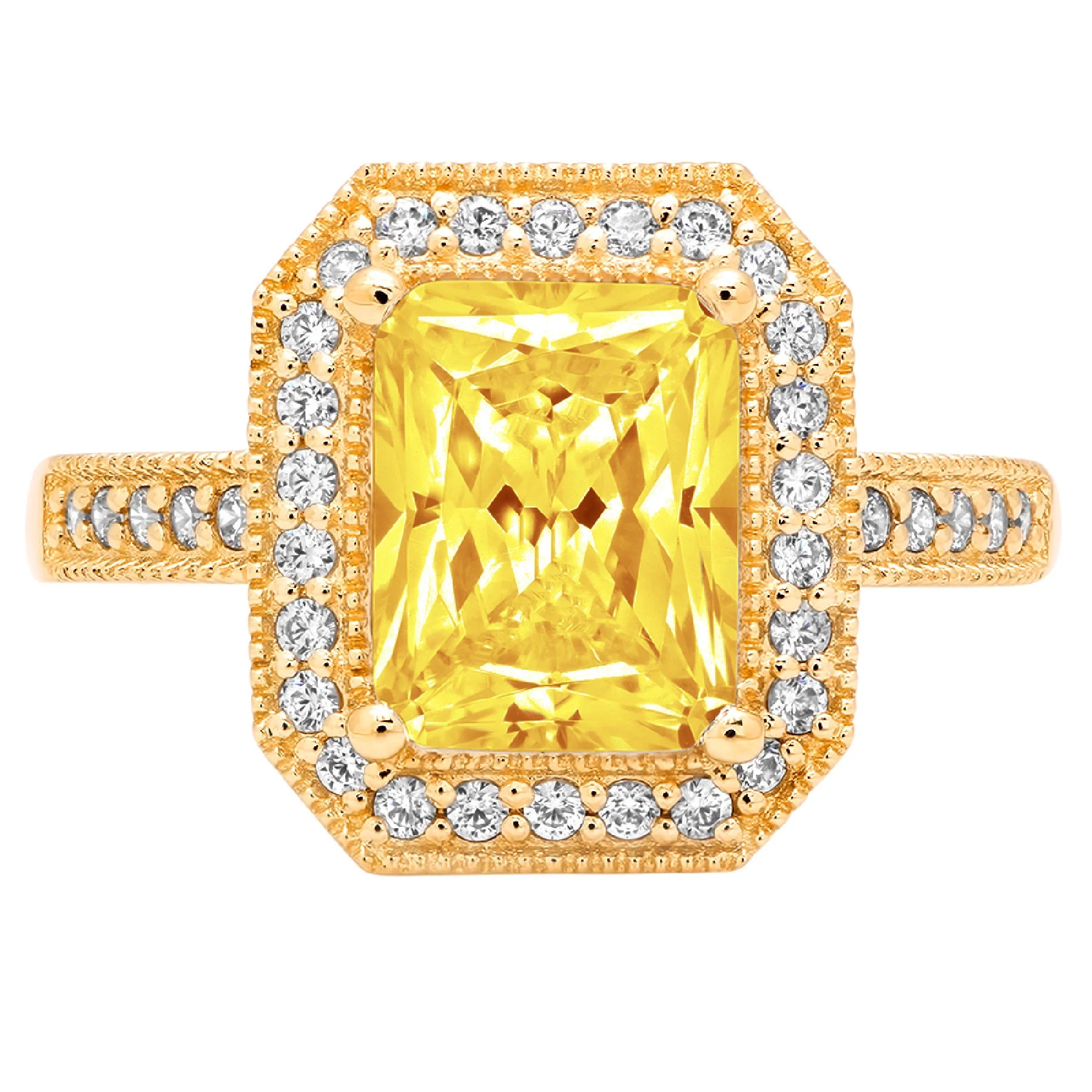 2.9 ct Brilliant Emerald Cut Clear Simulated Diamond 18K Yellow Gold Halo Solitaire with Accents Ring SZ 6.75