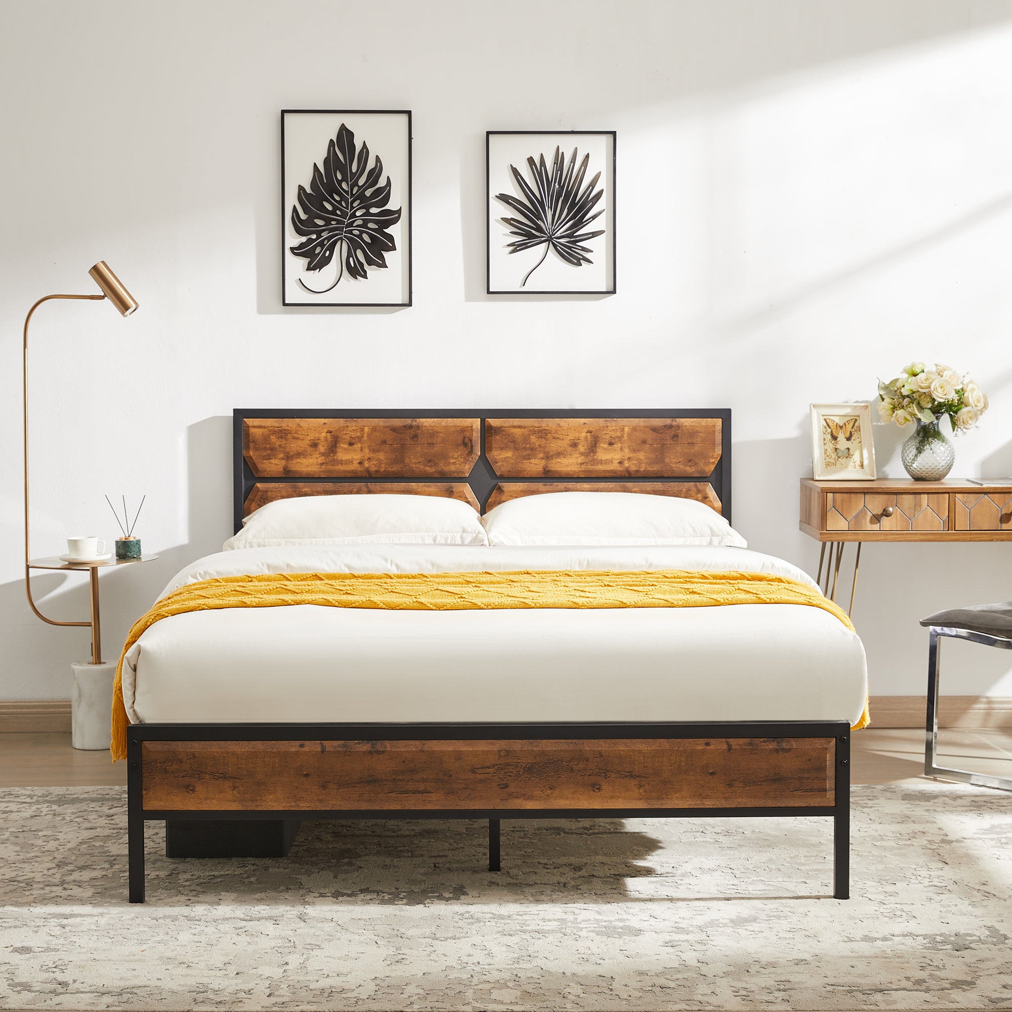 VECELO Queen Bed Frame with Wooden Headboard & Footboard, Metal Platform Mattress Foundation/Strong Slats Support, No Box Spring Needed, Brown