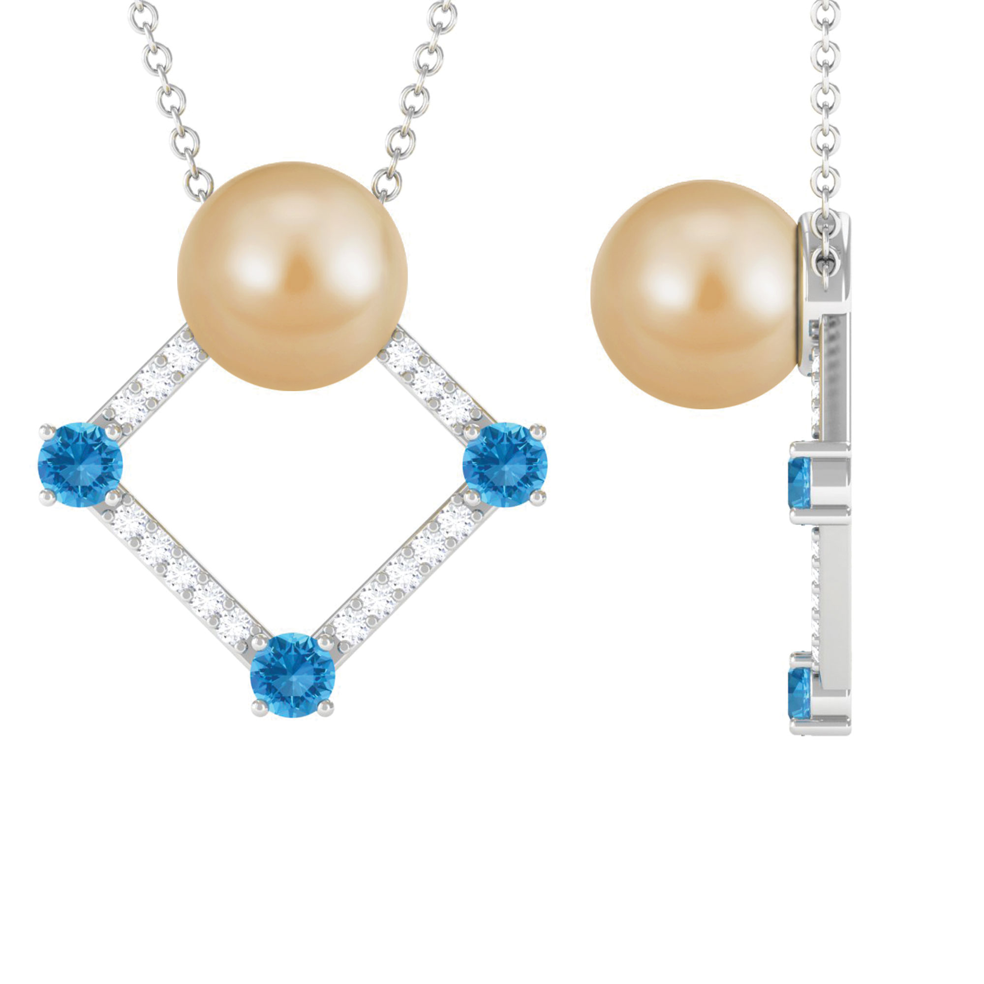 South Sea Pearl Necklace for Women with Blue Topaz and Moissanite, AAA Quality, 925 Sterling Silver