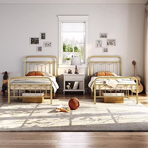 HBBOOMLIFE 2 Pcs Twin Size Metal Bed Frame with Vintage Headboard and Footboard  Farmhouse Platform Bed  Heavy Duty Steel Slat Support  13 Inch Under-Bed   No Noise  No Box Spring Needed