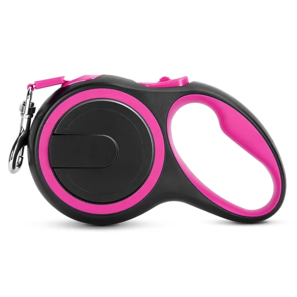 UrbanX Retractable Dog Leash for Labmaraner and other Large Mixed Breed Dogs with Anti-Slip Handle. 24ft Strong Nylon Tape; One-Handed Brake, Pause, Lock - Pink