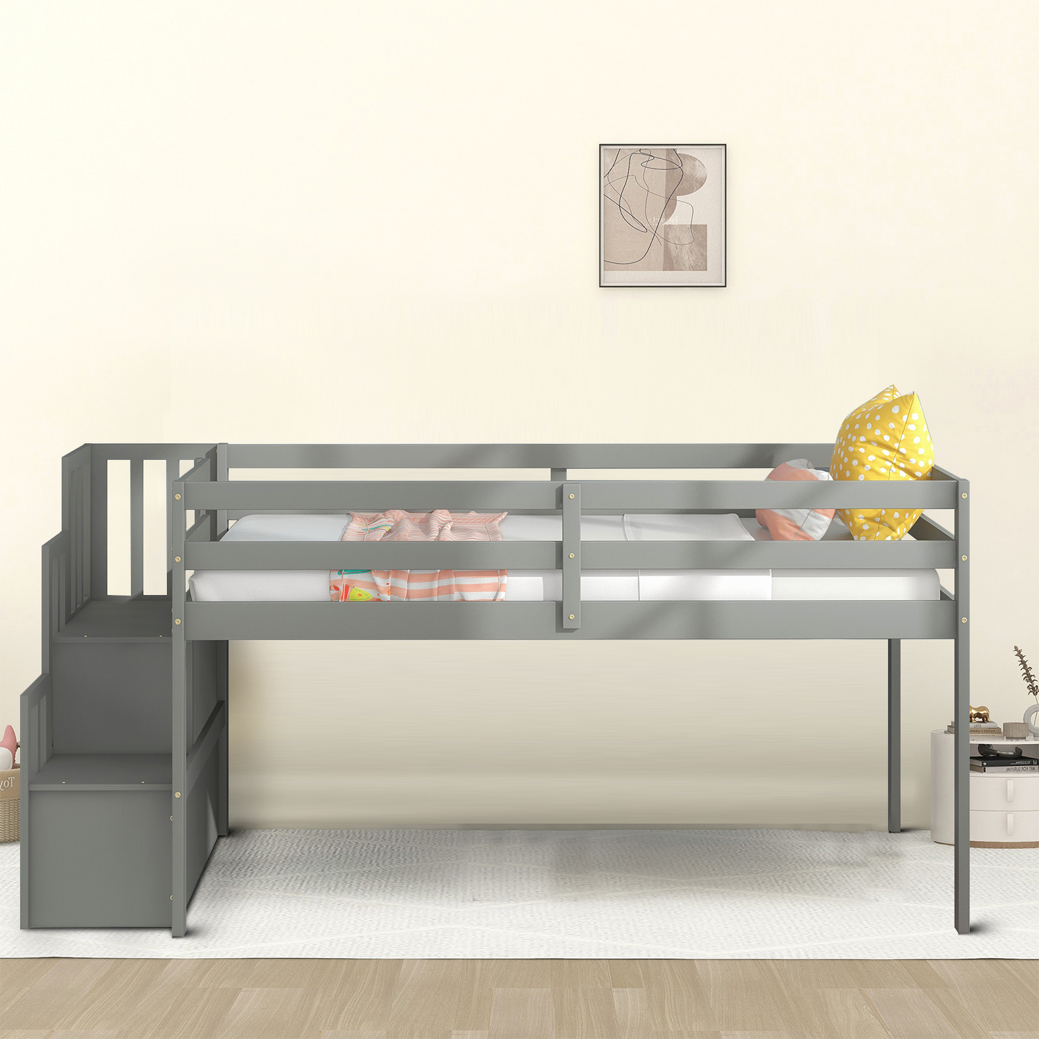 Classic Minimalist Style Twin Size Wooden Loft Bed with Staircase, White