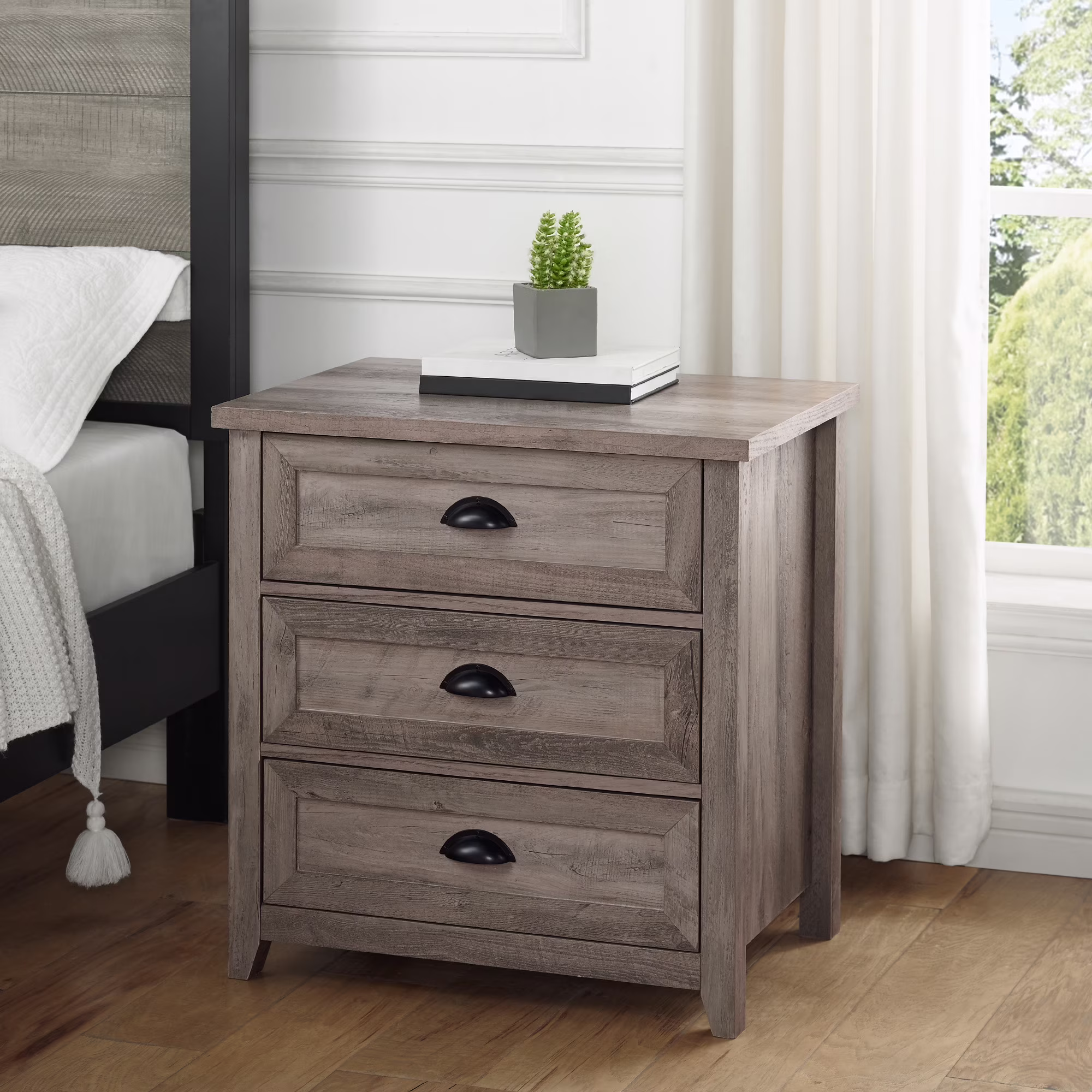 Walker Edison Farmhouse 3 Drawer Nightstand, Grey Wash