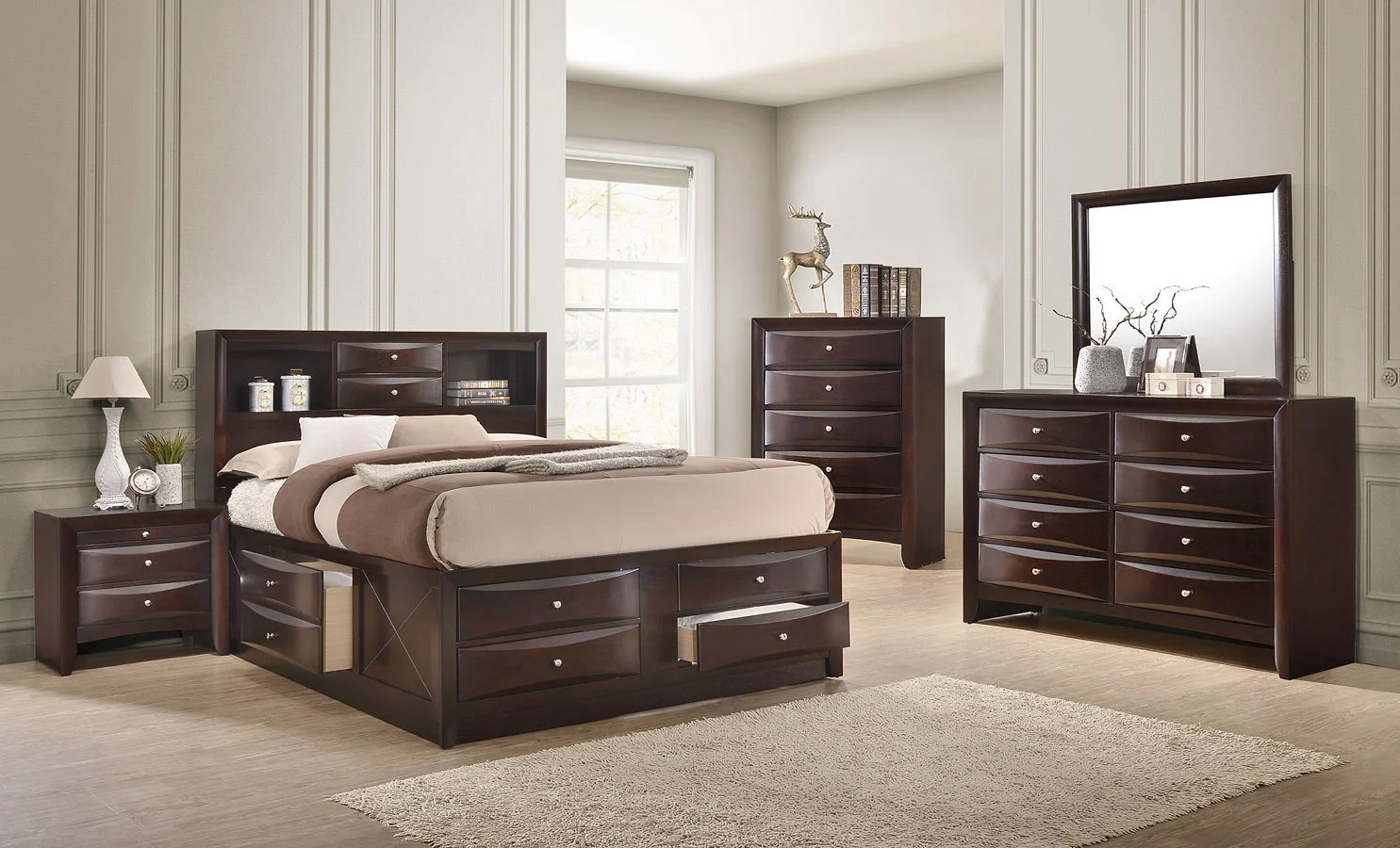 Contemporary Queen Size 6pc Captains Bed Set Storage Drawers Cherry Finish Solid Wood Master Bedroom Furniture