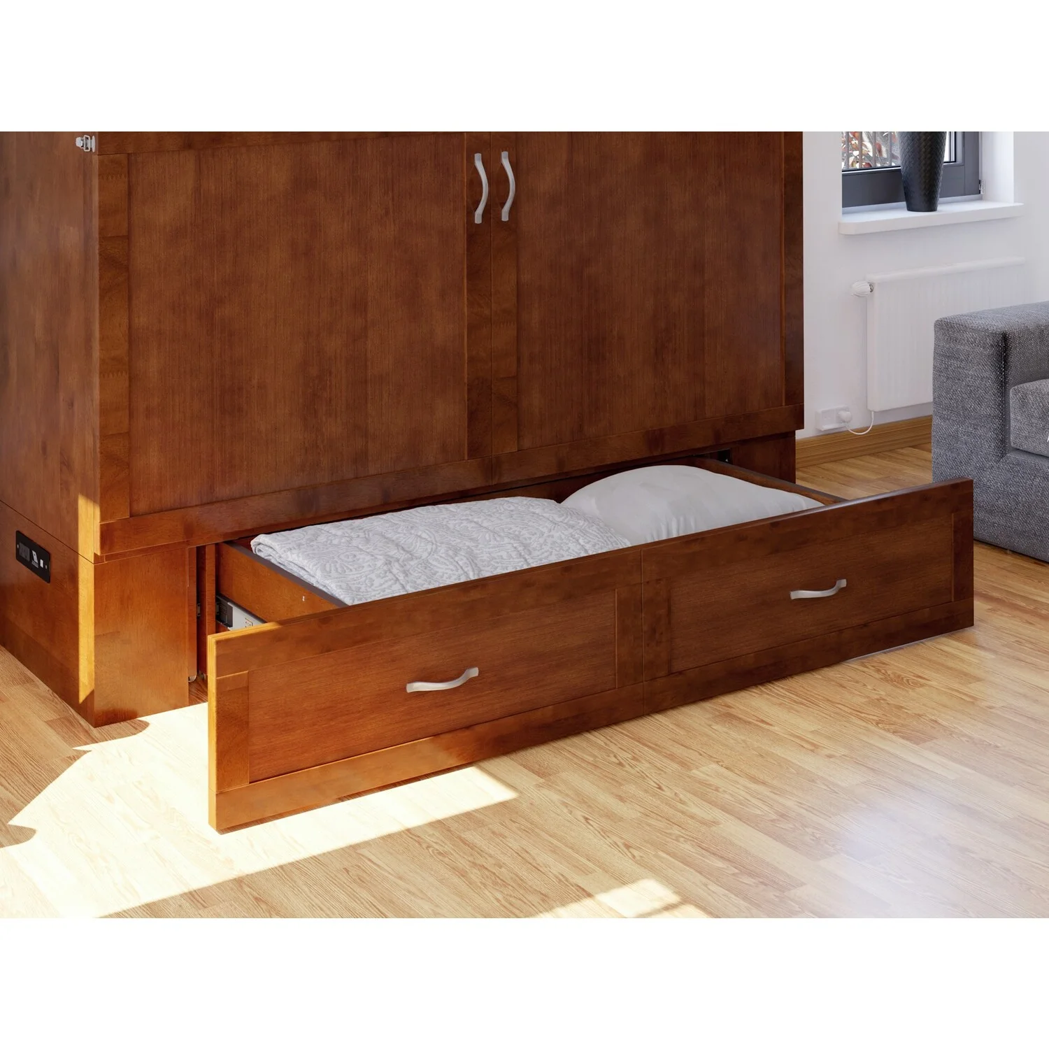 AFI Hamilton Murphy Modern Wood Full Bed Chest with Mattress in Walnut