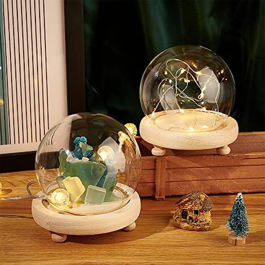 2 Sets Round Glass Display Dome Mini Glass Cloche Dome Clear Glass Display Dome Cover with Wood Base