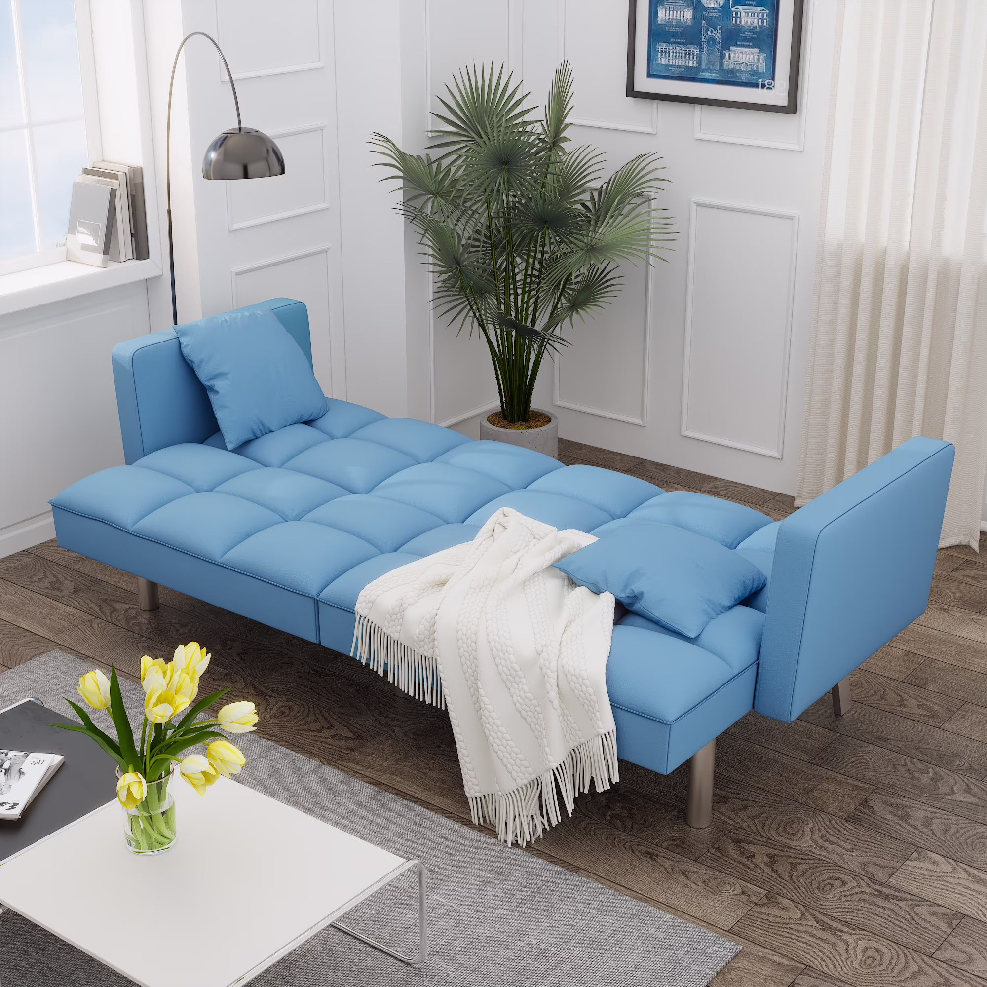 Loveseat Sofa Convertible Sofa Bed Sleeper PU leather Living Room Couches 2 Seating Chair with 2 Pillows Blue