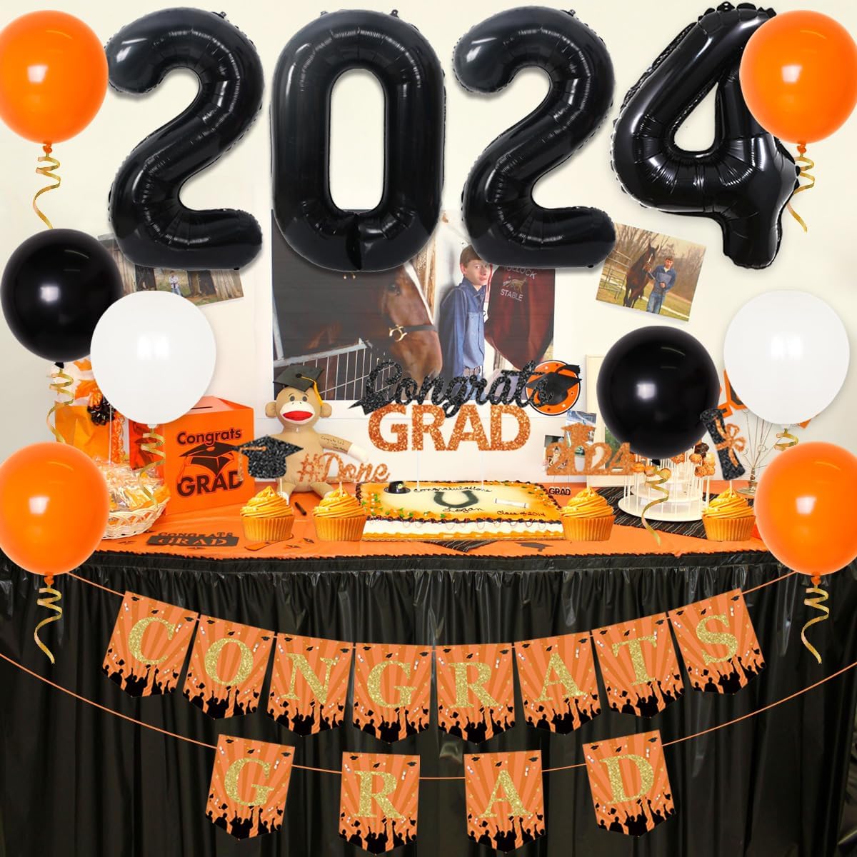 Graduation Decorations 2024 Orange and Black Congrats Grad Party Supplies 2024 Orange Congrats Grad 2024 Banner Cake Topper Black Number 2024 Balloons for College Party