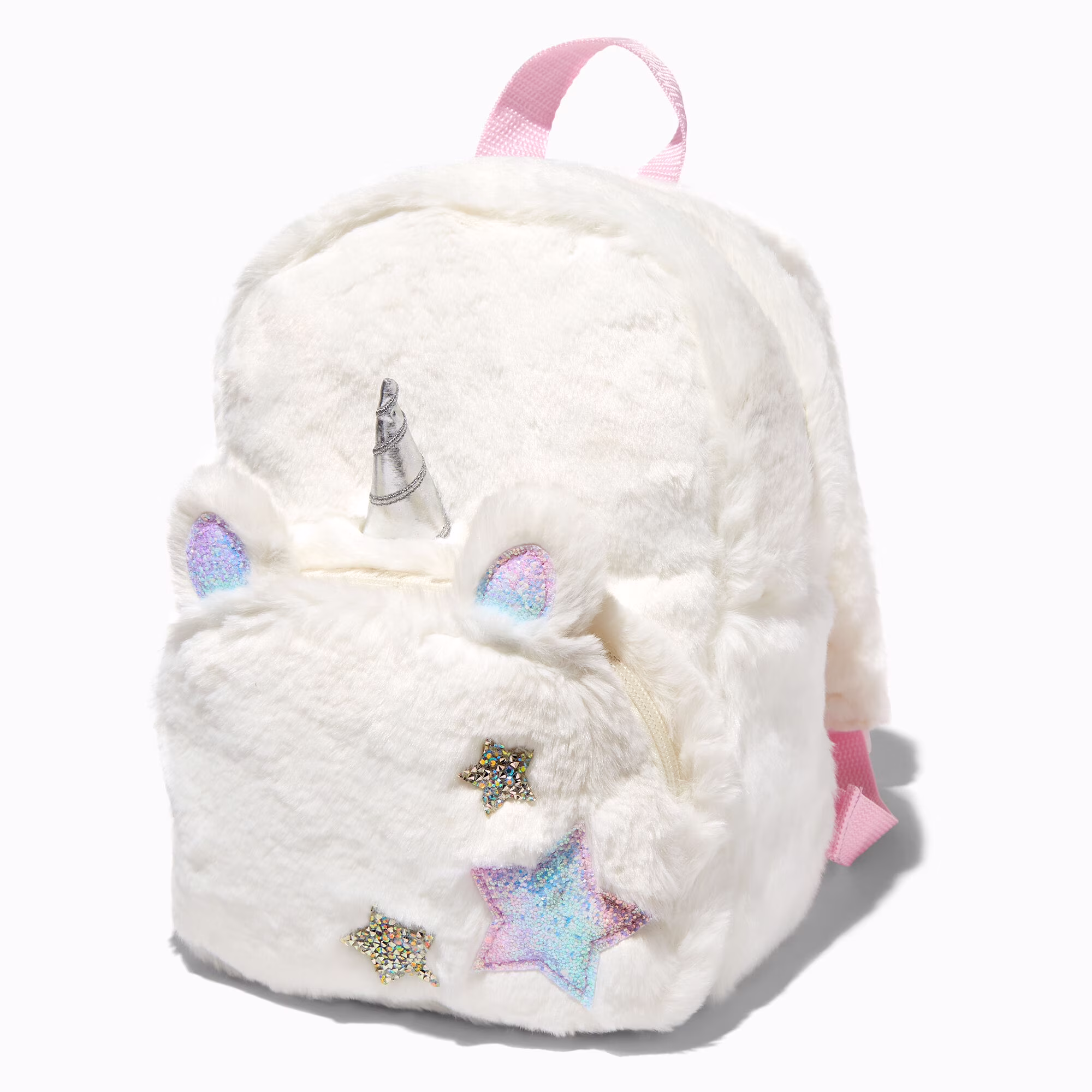 Claire's Club Furry Mini Backpack for Girls Age 3-6 - Little Girl Purse Cute Soft Accessory Kids Small Backpack Toddler Preschool Bookbag Unicorn Star Patch Magical White 8W x 11H x 3D
