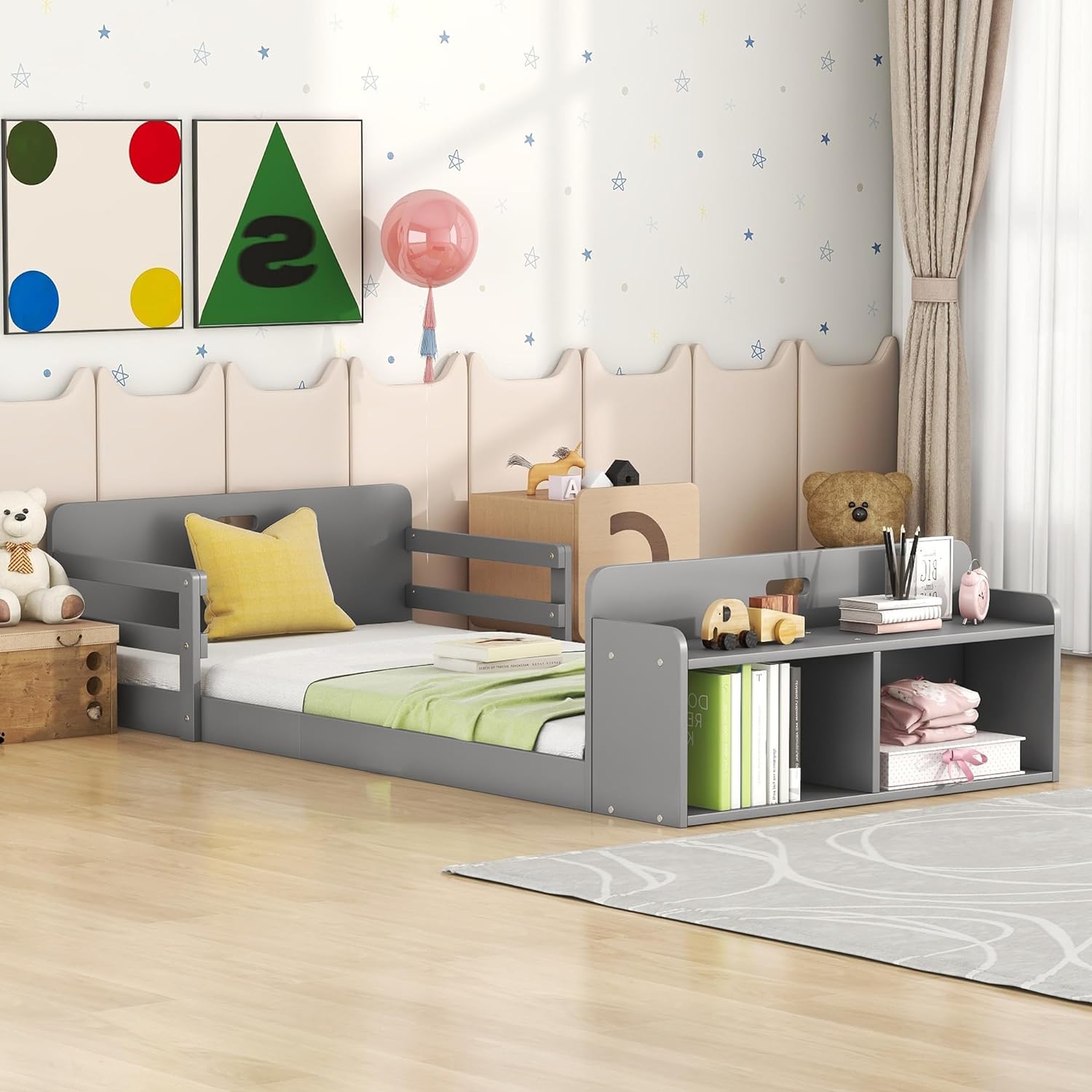 Floor Bed With Half Guardrail Wood Low Bed Frame With Storage Footboard