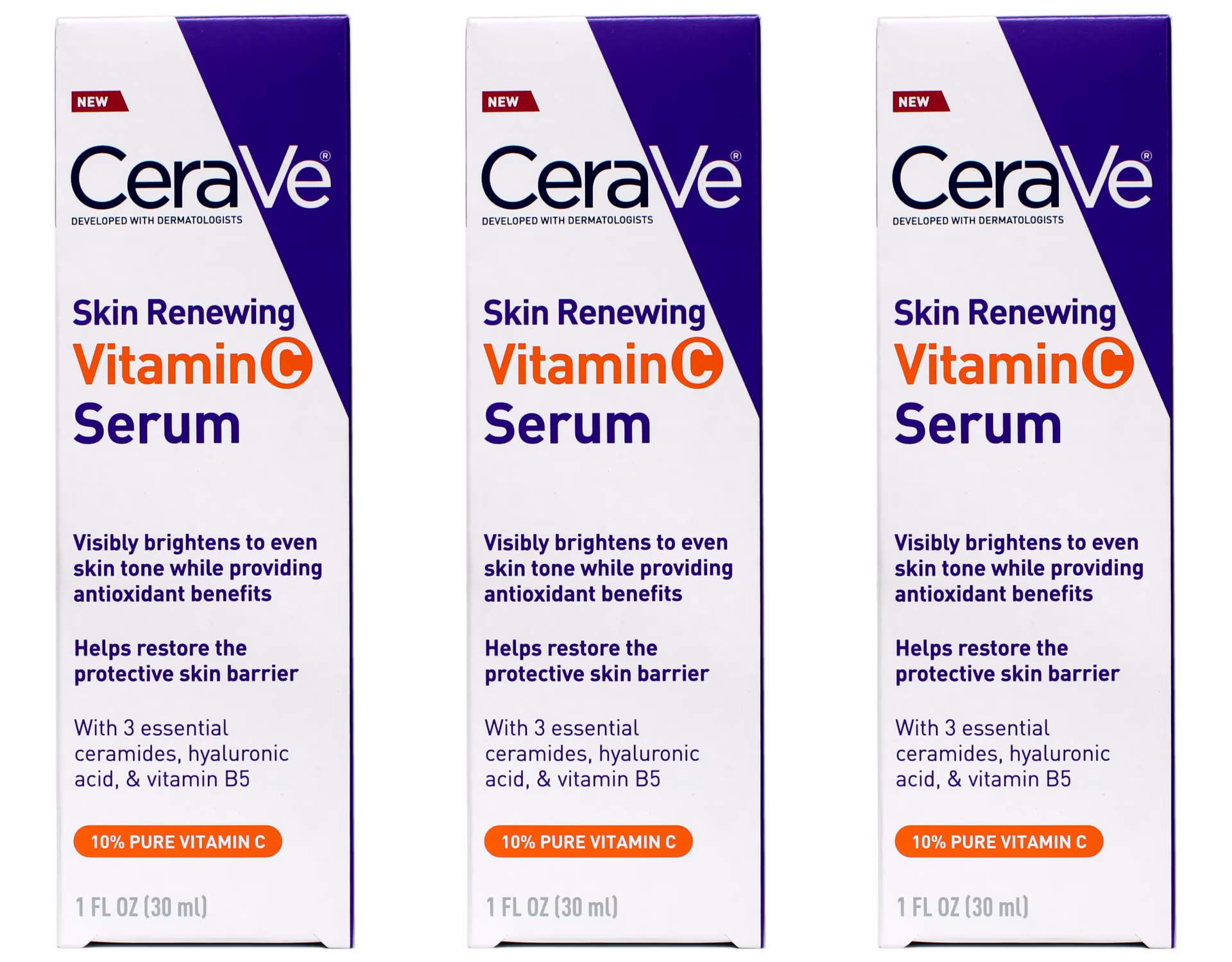 CeraVe Skin Renewing Vitamin C Serum with Ceramides, Hyaluronic Acid and Vitamin B5 1 fl oz, - Pack of 3