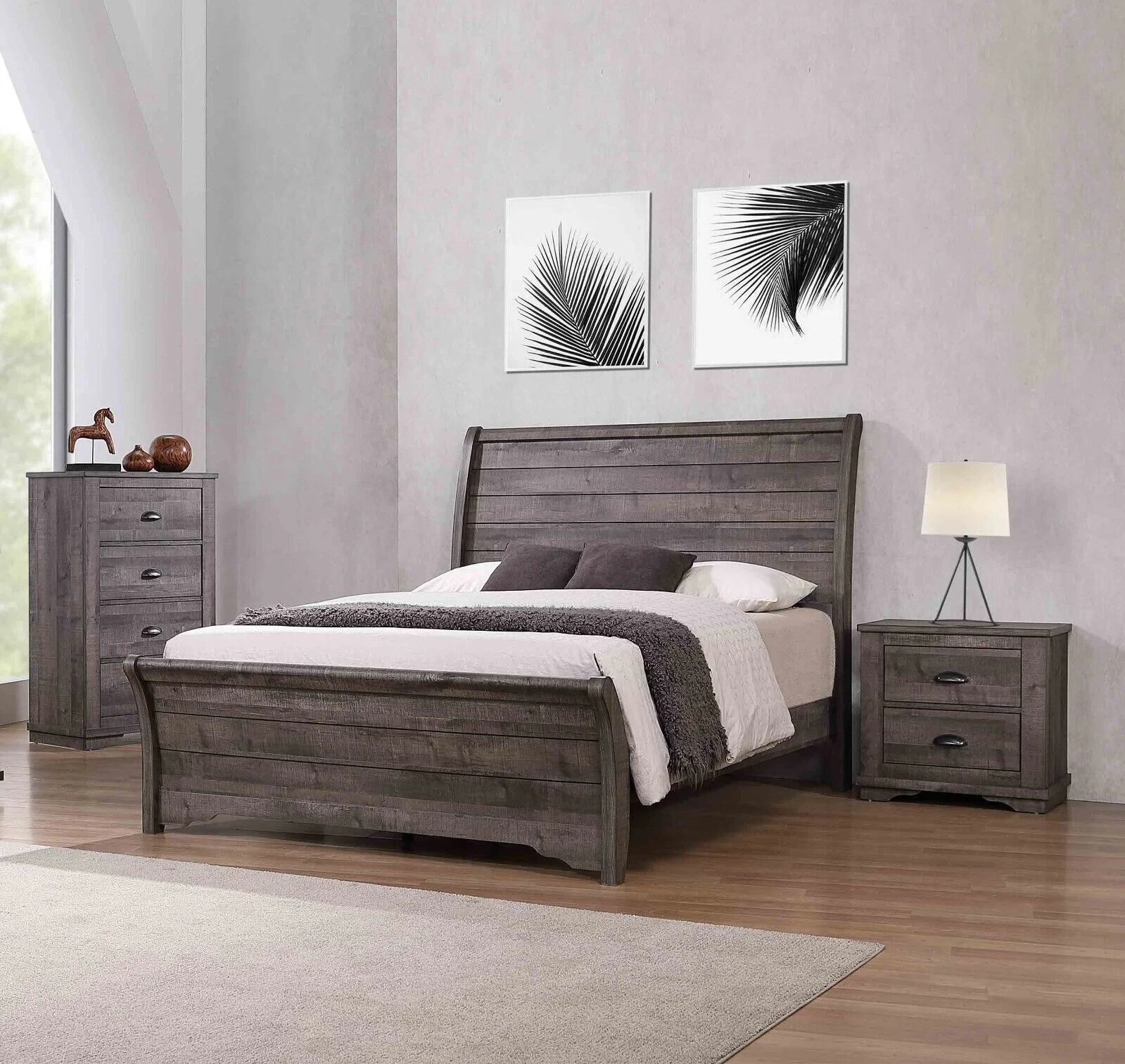 3Pc Rustic Gray Finish King Size Bed Chest Nightstand Set Solid Wood Bedroom Furniture