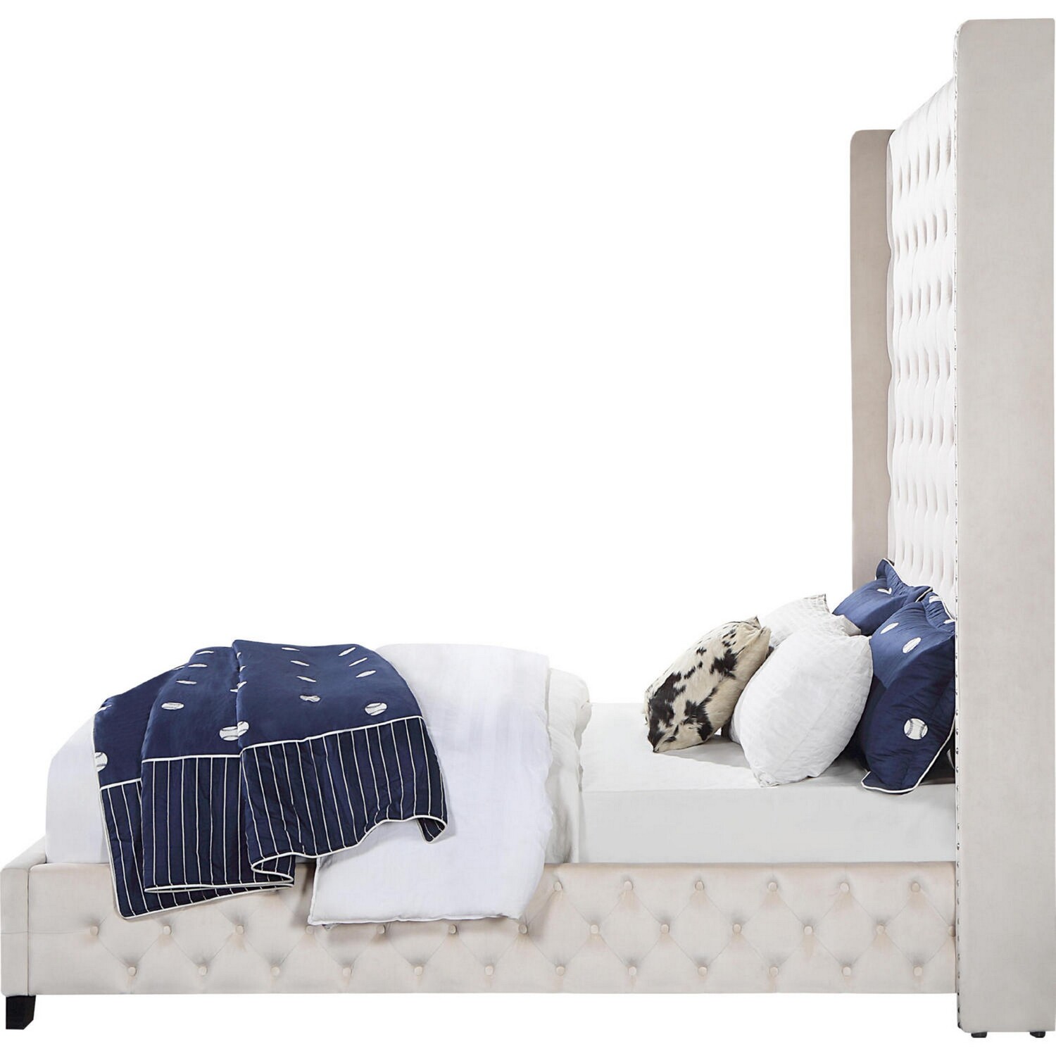 Daisy Wood Modern Queen Size Bed, Wingback, Button Tufted, Beige Velvet