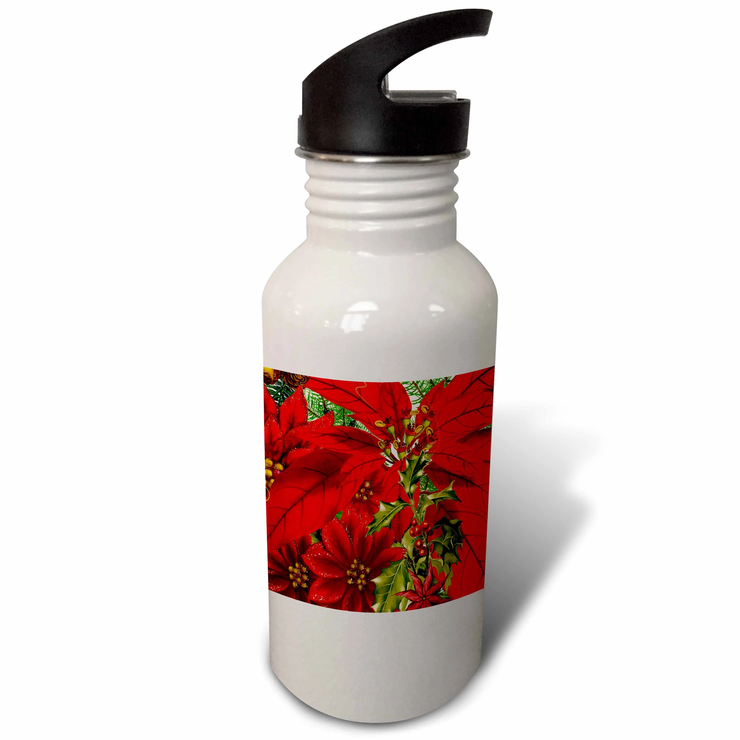 Christmas Poinsettia print with holly and pine also known as the Star Flower 21 oz Sports Water Bottle wb-79443-1