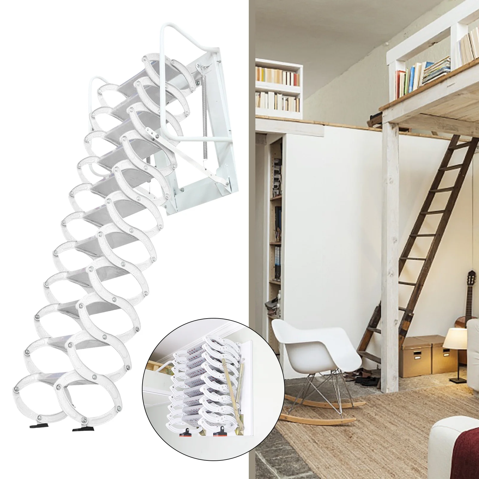 Miumaeov 9.18 ft/ 2.8m 12 Steps Pull Down Attic Stairs Alloy Attic Access Ladder Loft Wall Ladder Stairs Wall-Mounted Folding Ladder Retractable Attic Ladder with Armrests
