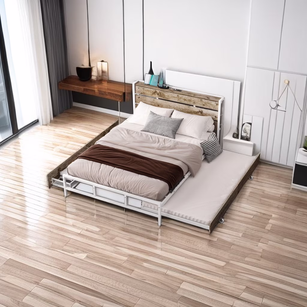 Industrial Metal Platform Bed with Drawers and Trundle, Queen Size Metal Platform Bed Frame with Sockets and USB Ports Storage Headboard, Maximize Space Saving
