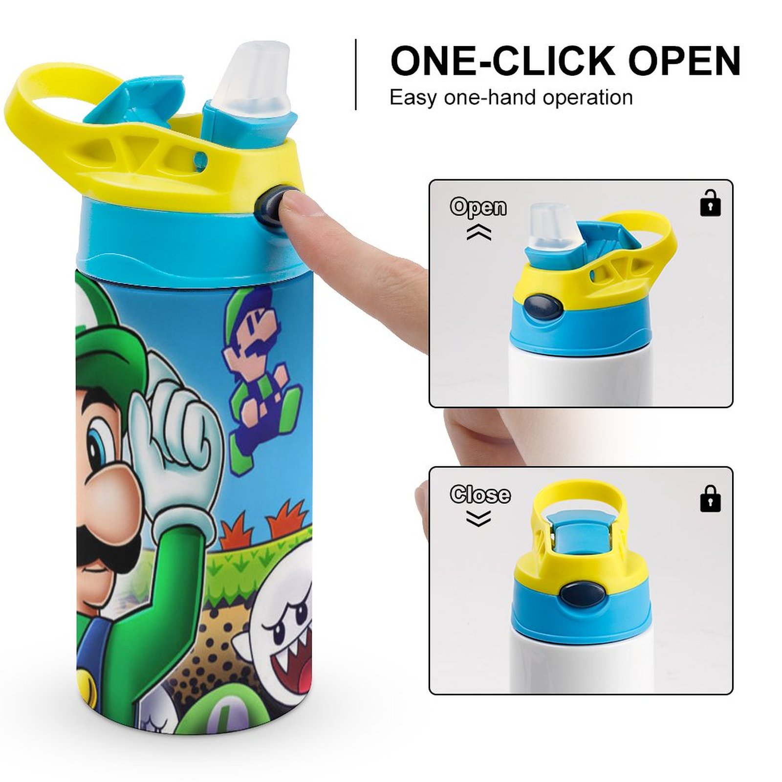 Funny Game Luigi's Mansion Kid's Insulated Water Bottle With Straw Vacuum Stainless Steel Cup Leak-Proof Children Toddler Thermoses