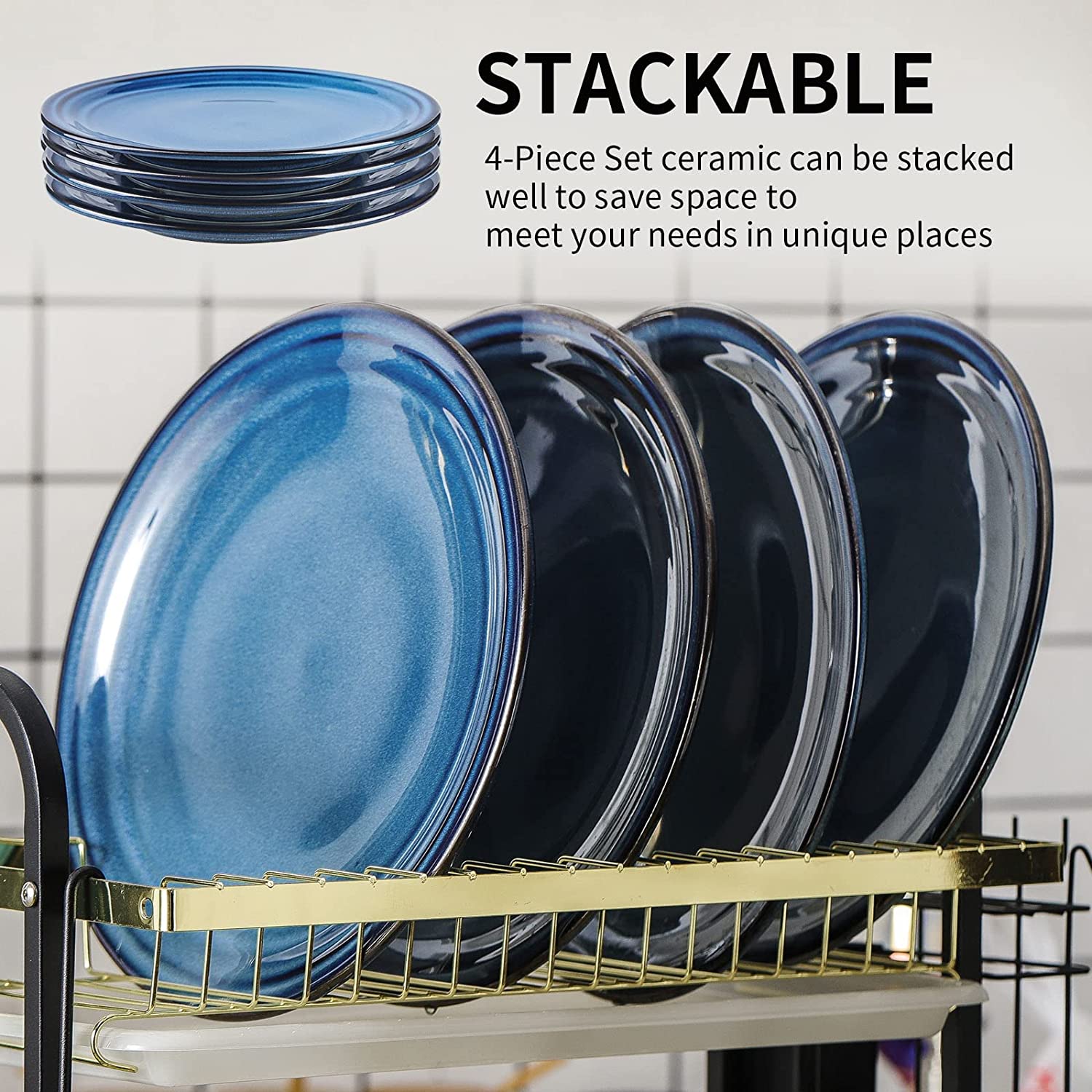 DIQIN Ceramic Dinner Plates Set of 4, Microwave Oven Safe, Blue