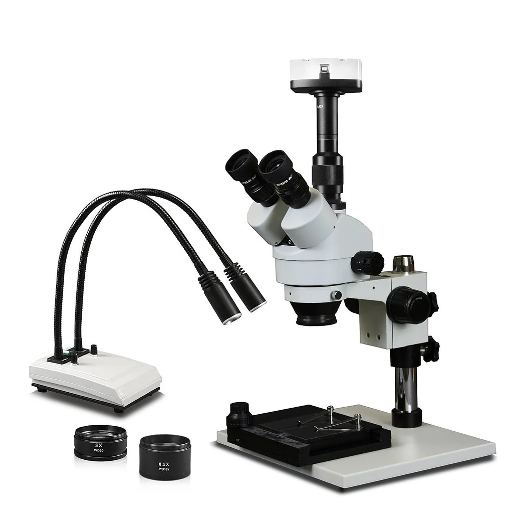 Vision Scientific Trinocular Zoom Stereo Microscope, 10x WF, 0.5x & 2x Aux Lens, LED Gooseneck Light, 5.0MP Camera, Mechanical Stage with Glass Plate