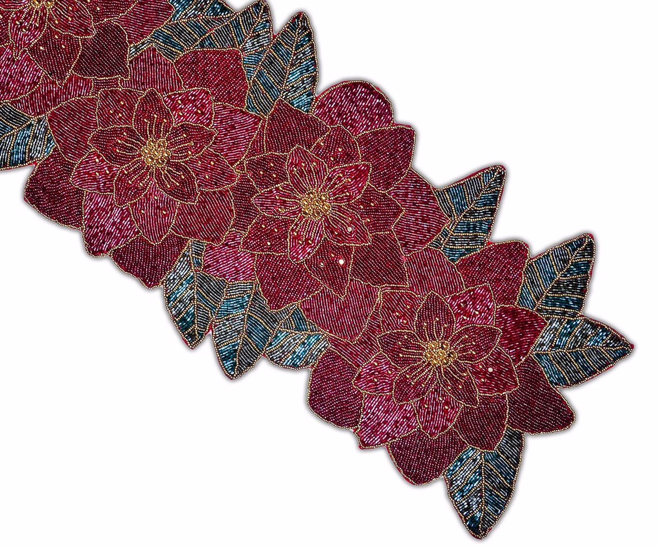 Handmade Beaded Table Runner, Christmas Flower Table Runner, Floral Tableware 13X36 Inch