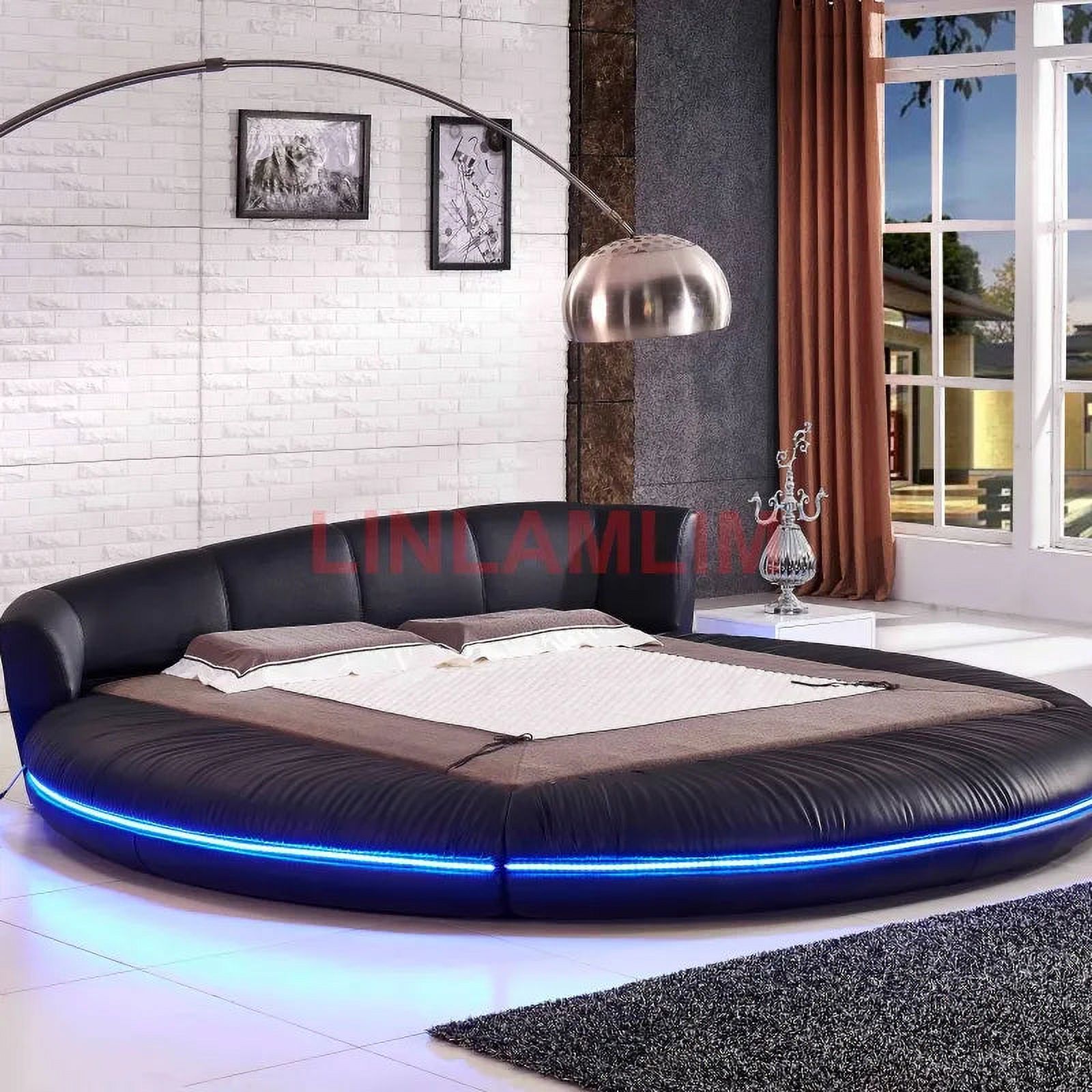 Linlamlim LED light round BED frame camas genuine leather bed кровать двусп&