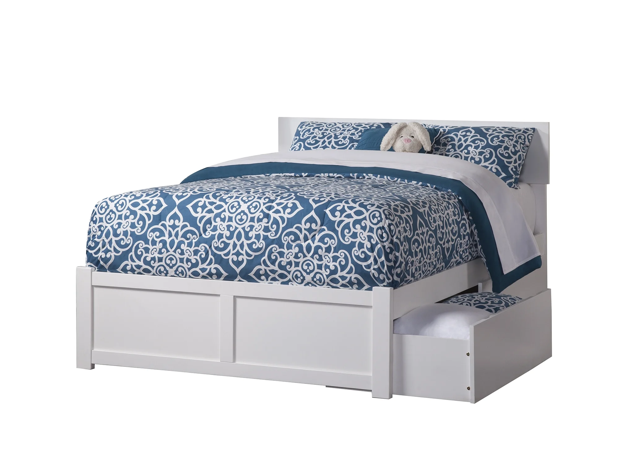 Orlando Platform Bed with Flat Panel Foot Board and 2 Urban Bed Drawers, White, Full