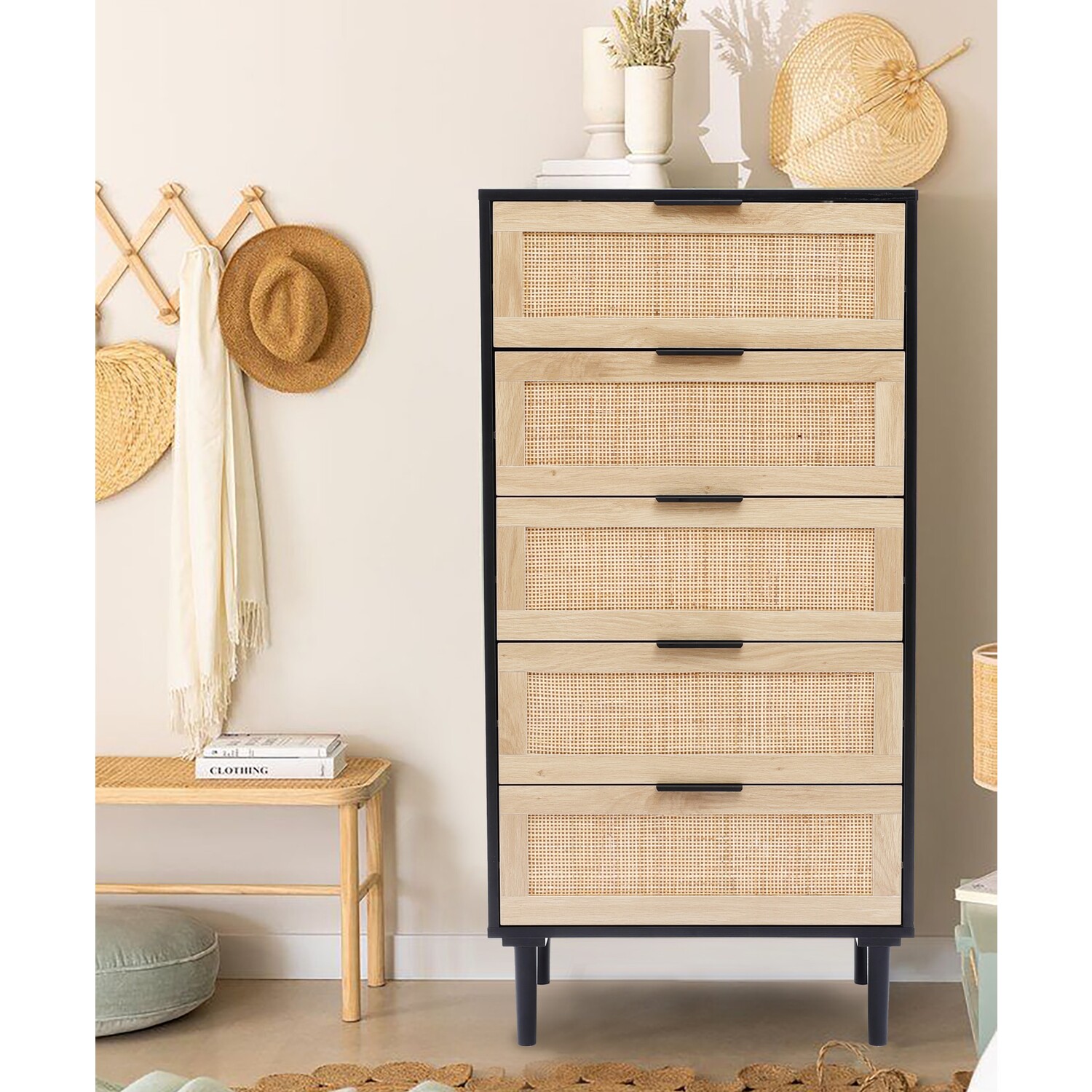 LuxenHome Black and Brown Wood 5-Drawer Chest
