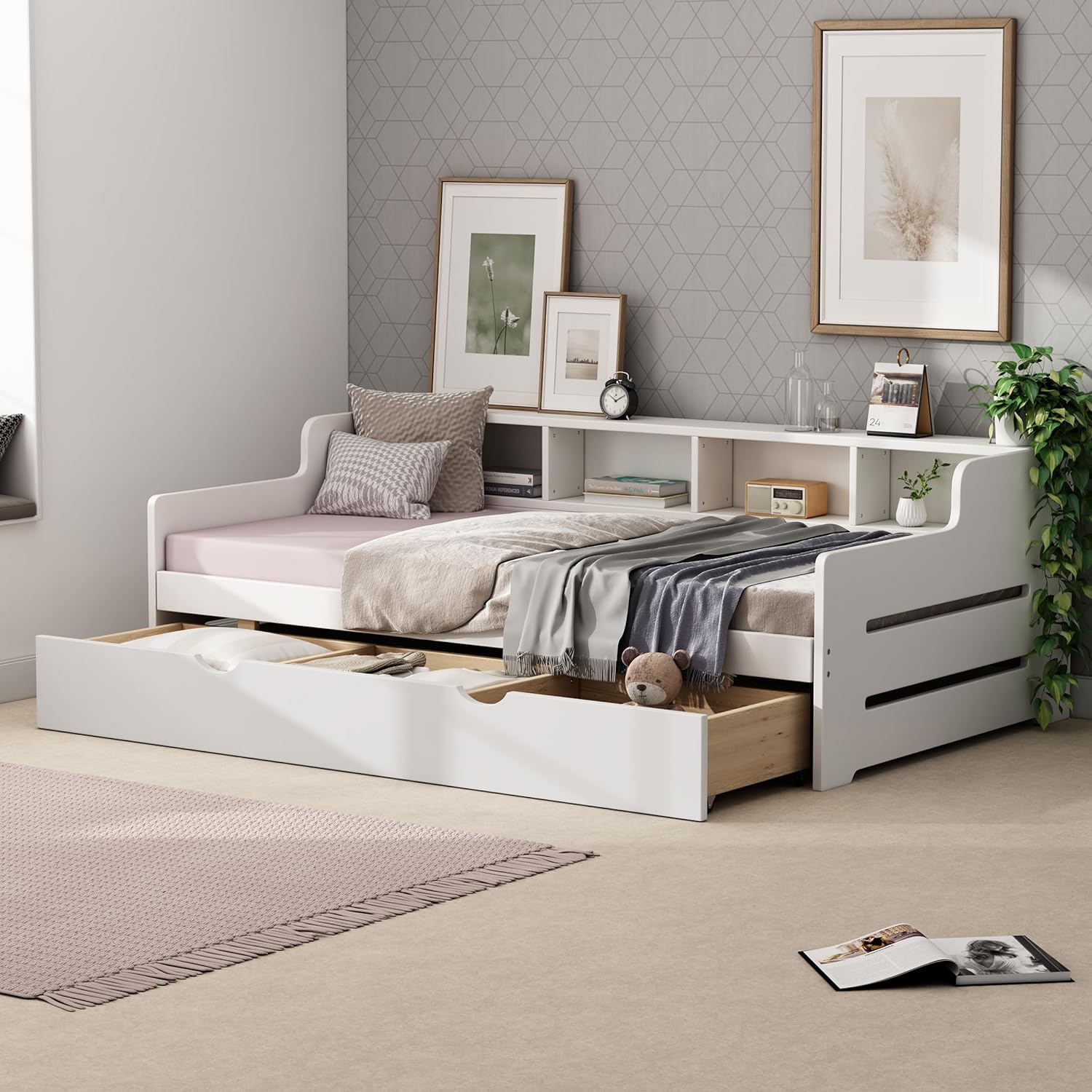 Size Daybed With Storage, Wood Daybed With Drawers & Bookcase Headboard For Kids Tees, Platform Bed With 3-I-1 Drawer For Livig Room Guest Room, White